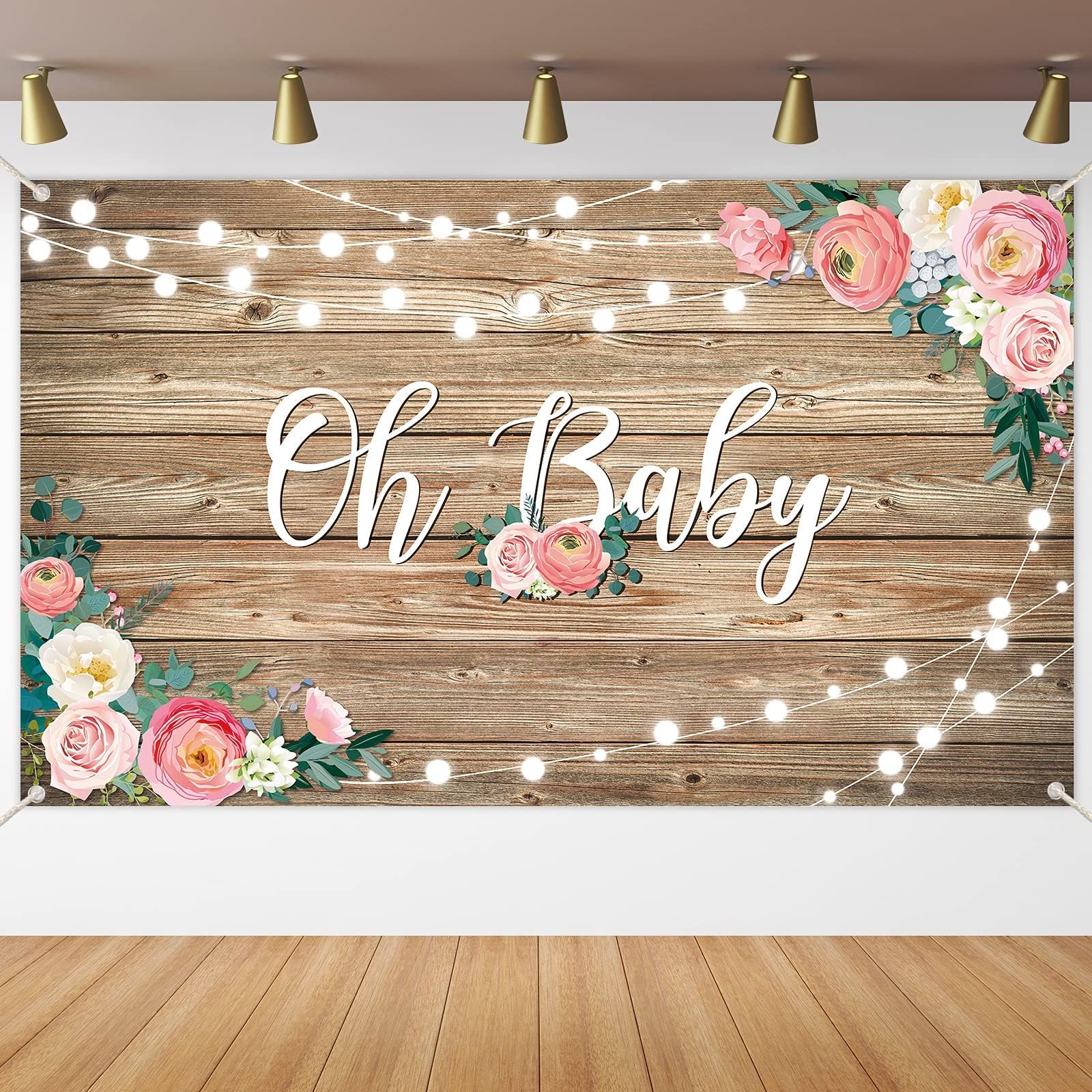 Rustic Wood Baby Shower Backdrop Banner - Floral Oh Baby Decor for Girls & Boys - Wood Floor Flower Wall for Newborn Birthday Party - Photo Booth Background - Perfect for Baby Showers, Gender Reveals & 1st Birthday Photos