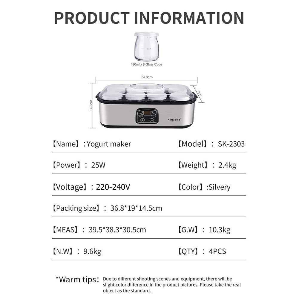 Stainless Steel Probiotic Yogurt Maker - 1400ml Capacity, Adjustable Temperature & Time Control, 36-Hour Fermentation, Includes 8 Glass Jars for Gut Health (Shape-A) | Perfect for Home Kitchen, Healthy Breakfast & Probiotic-Rich Snacks
