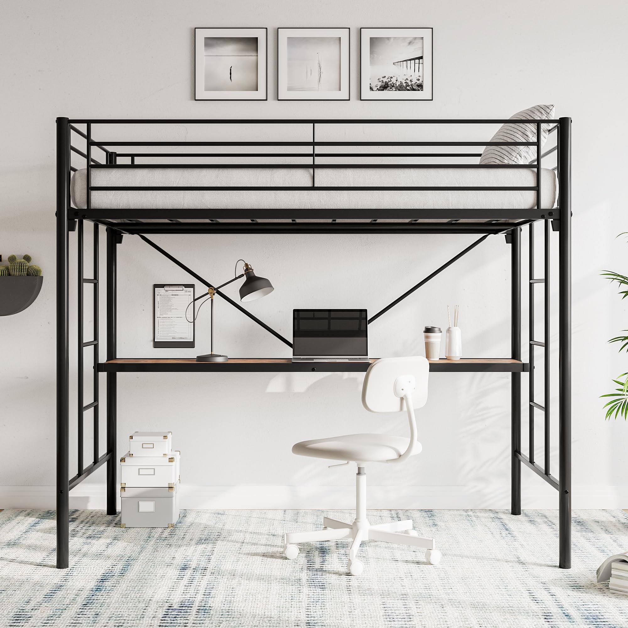 JURMERRY Metal Loft Bed with Desk & 2 Ladders - Twin Size Black Space-Saving Loft Bed with Safety Guard Rail, No Box Spring Required - Perfect for Small Bedrooms, Dorm Rooms & Studio Apartments