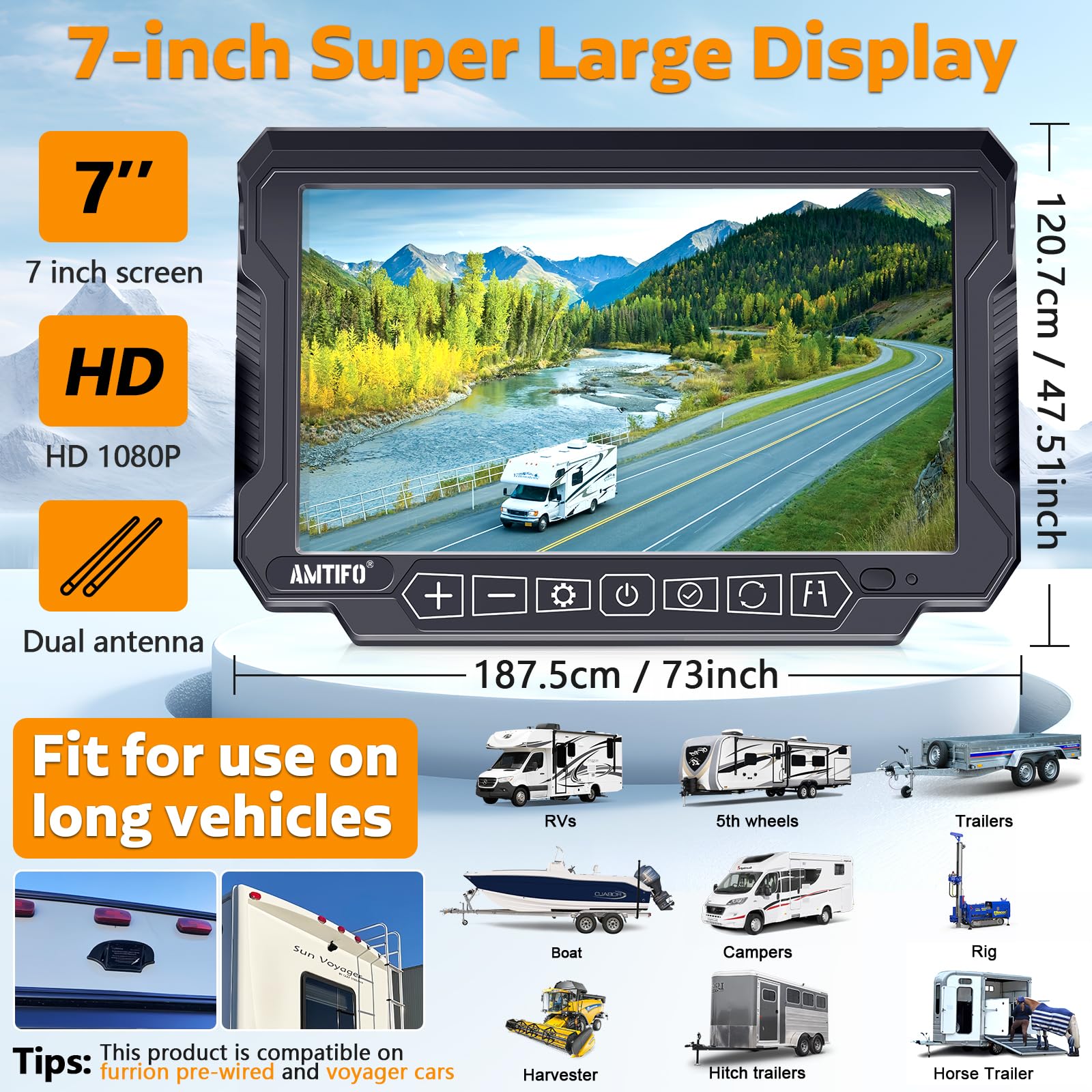AMTIFO A9 Wireless RV Backup Camera System - 7 Inch Solar Reverse Camera with 2 Magnetic Shockproof Cameras & Iron Brackets for Trailer Trucks | Stable Signal Recording | Easy Install-Free Setup for Safe Parking & Reversing