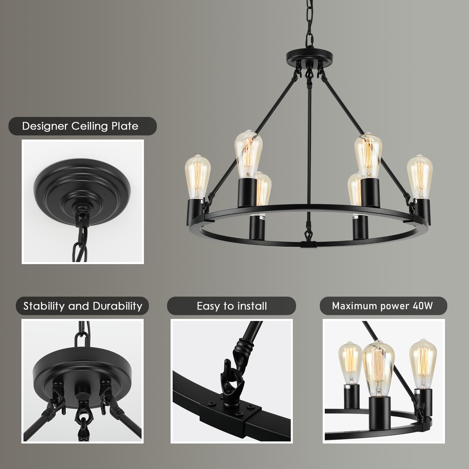 Black Farmhouse Wagon Wheel Chandelier - 6-Light 24