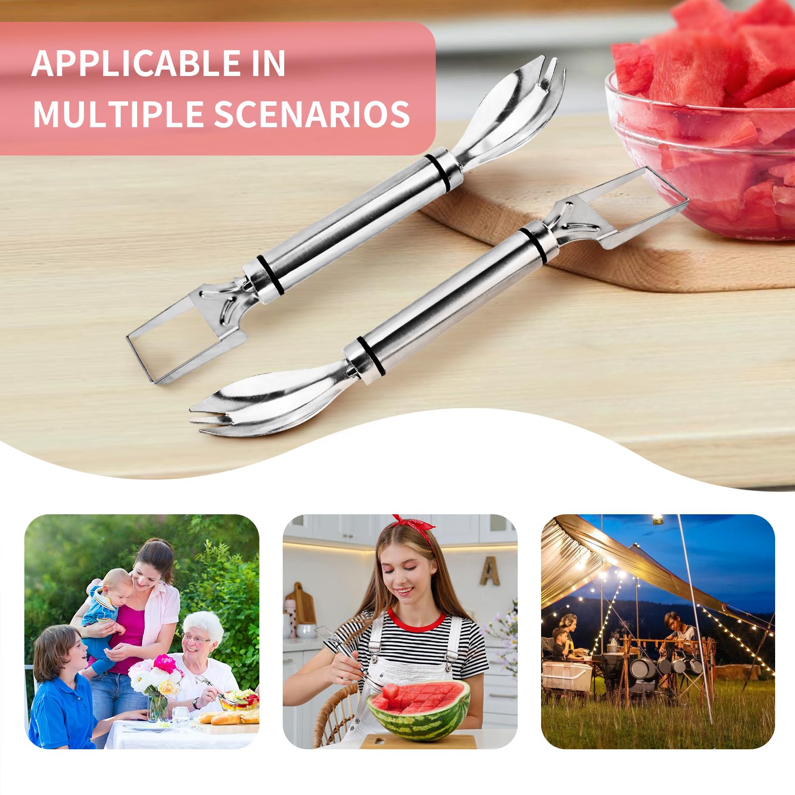 3-in-1 Stainless Steel Watermelon Slicer & Fruit Cutter Set with Fork, Spoon & Knife - Perfect for Camping, Picnics, BBQs & Outdoor Parties (1PC)