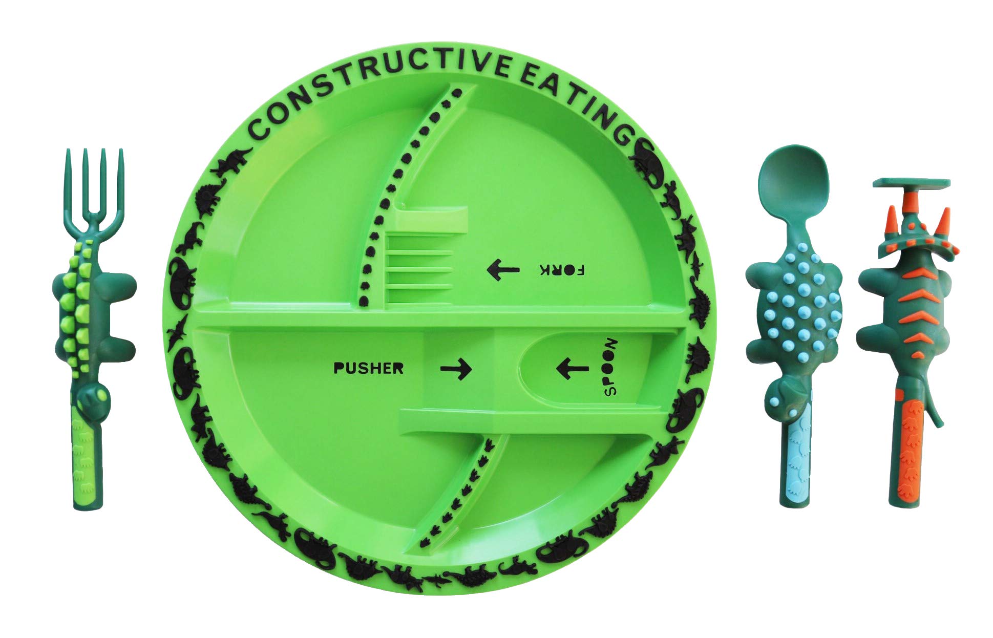 Constructive Eating USA-Made Toddler Utensil Set - 3 Construction, Dinosaur & Fairy Themed Plates with Forks & Spoons for Babies & Kids | BPA-Free, Dishwasher Safe | Perfect for Daycare, Preschool & Family Meals