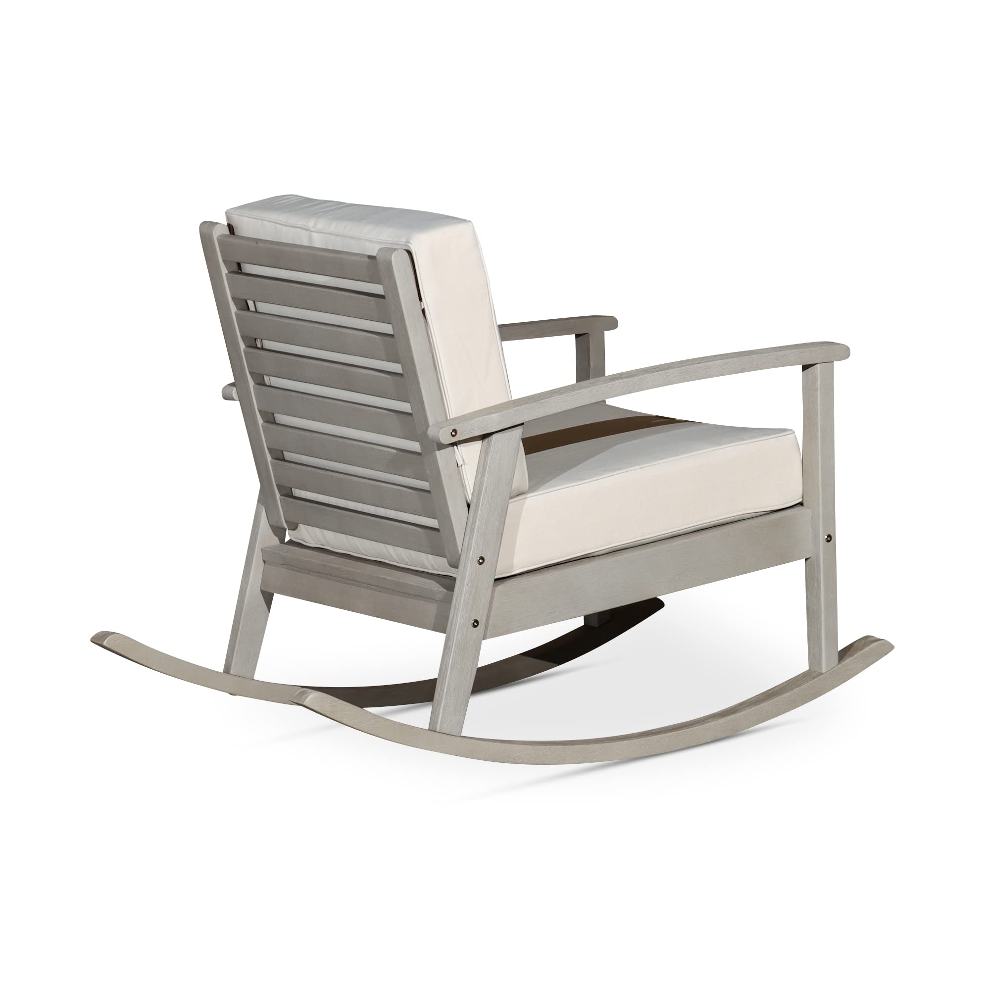 DTY Outdoor Living Longs Peak Deep Seat Eucalyptus Rocker - Driftwood Gray Finish with Dark Green Cushions | Patio Furniture for Garden, Porch & Backyard Relaxation