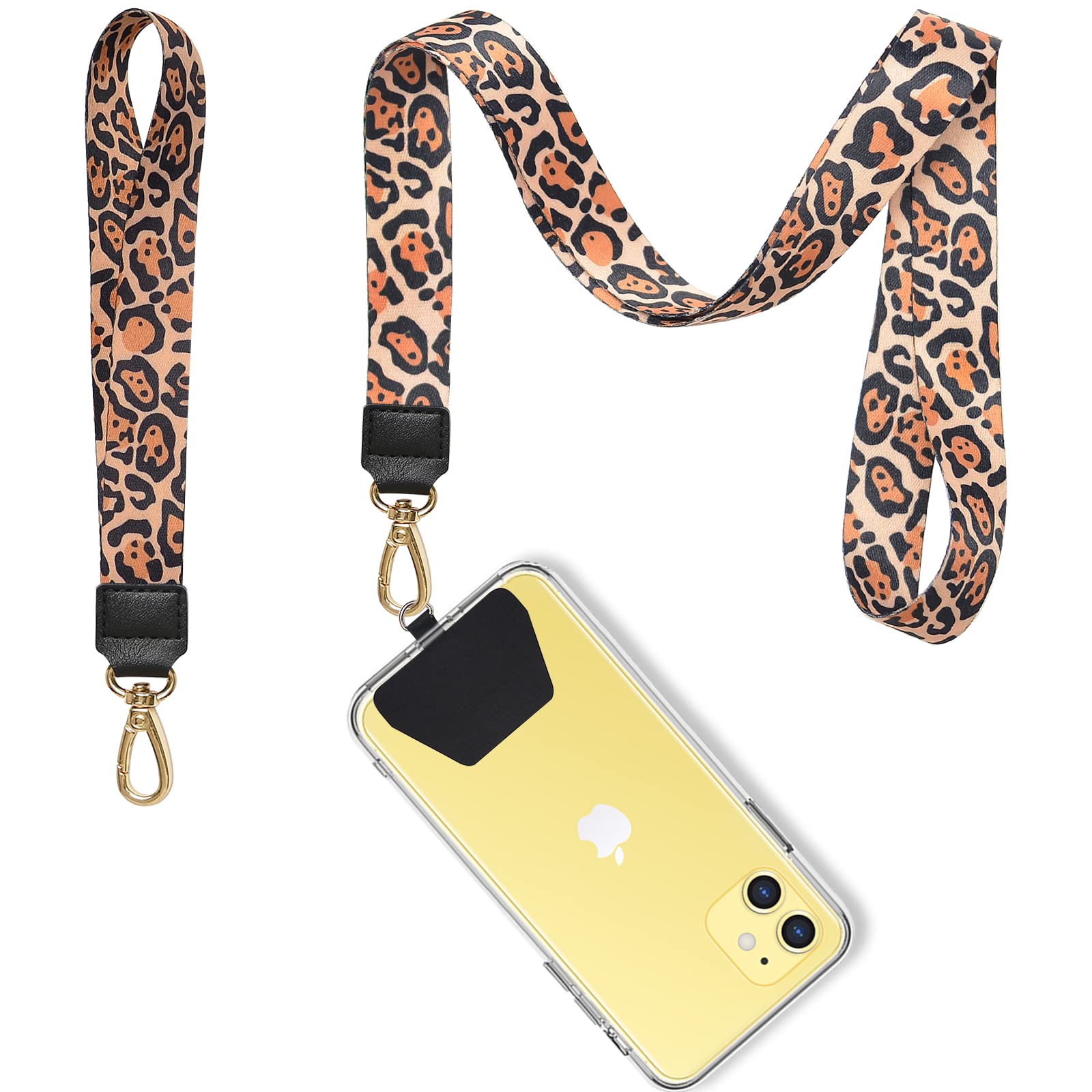 COCASES Adjustable Phone Lanyard Set - Universal Neck & Wrist Strap for Smartphones, ID Badges, Keys (Yellow Leopard Print) - Perfect for Work, Travel, Events & Hands-Free Convenience