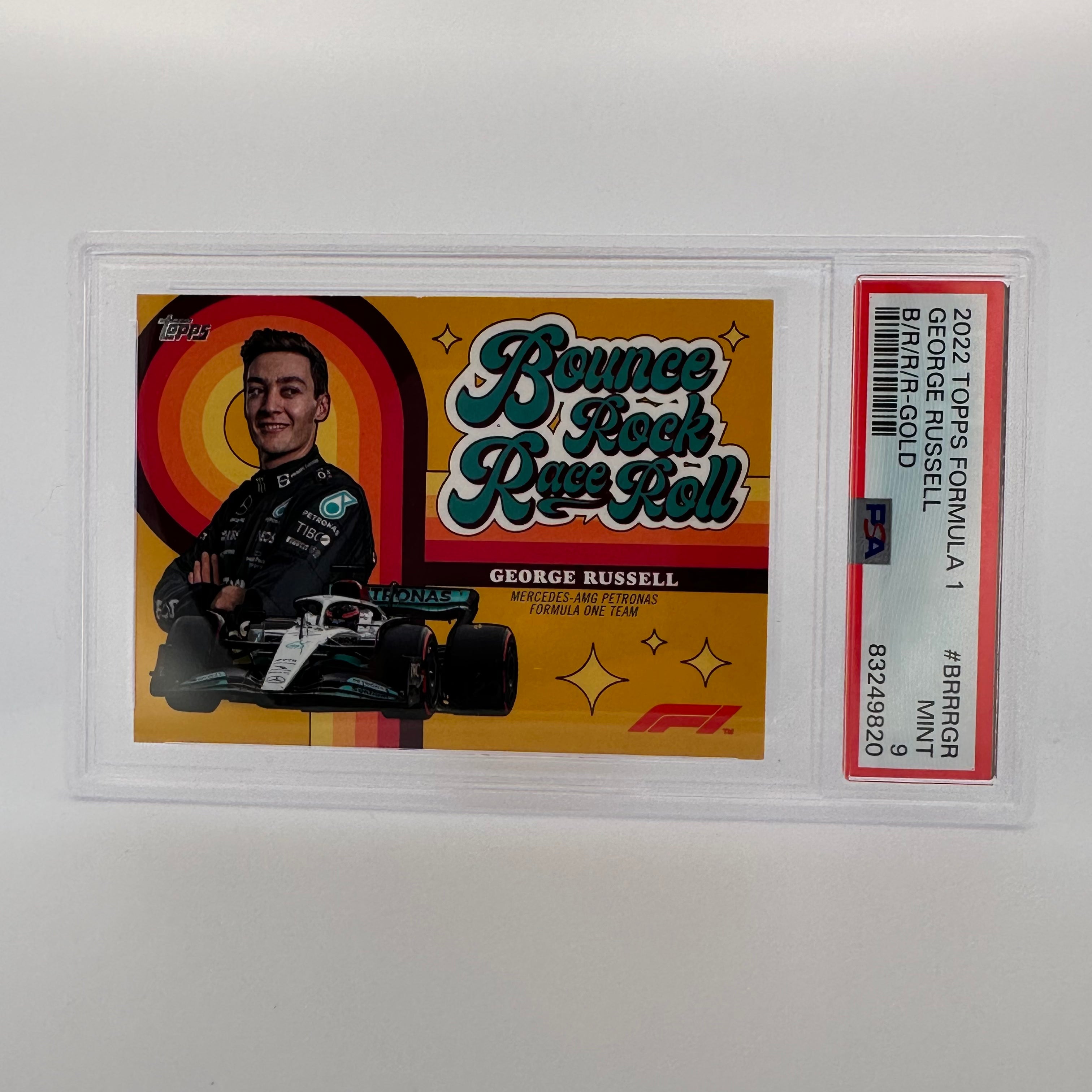 PSA 9 Graded 17/50 George Russell #BBBRGR Bounce Rock Race Roll Gold Parallel - Perfect for Racing Fans, Collectors, and Sports Memorabilia Enthusiasts