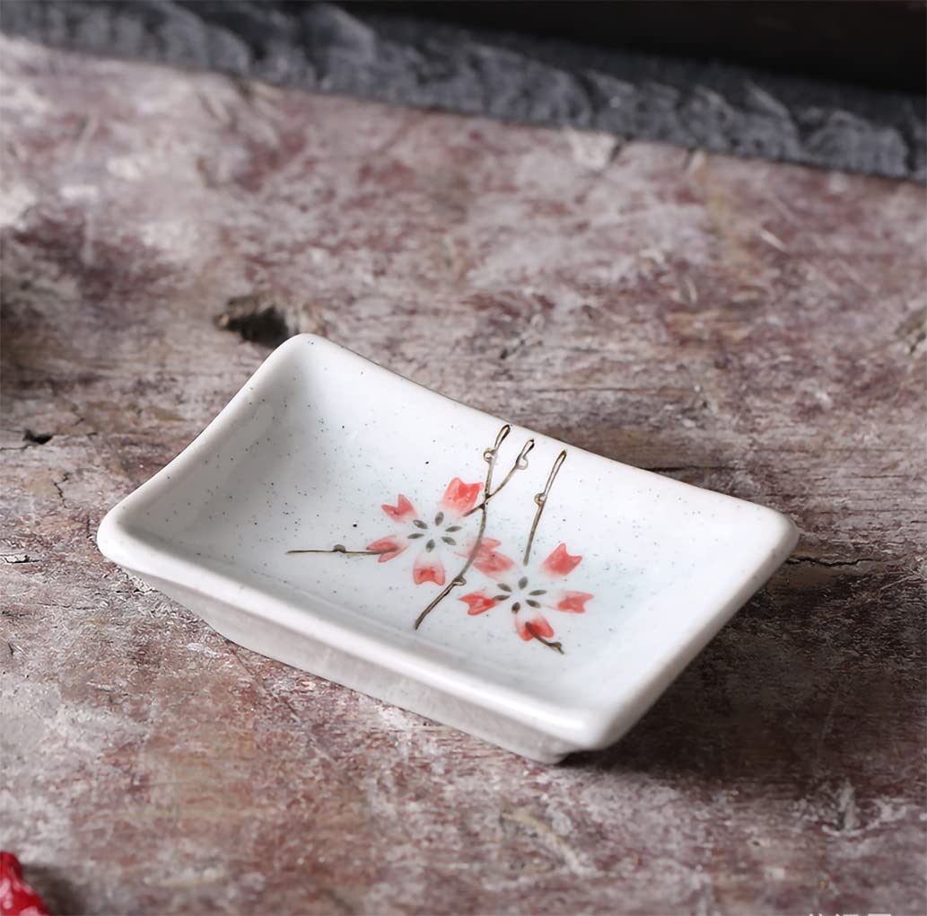 5-Piece Hand-Painted Sakura Porcelain Rectangular Side Dishes - Perfect for Sushi Soy Sauce, Seasoning Bowls & Japanese Dining Decor