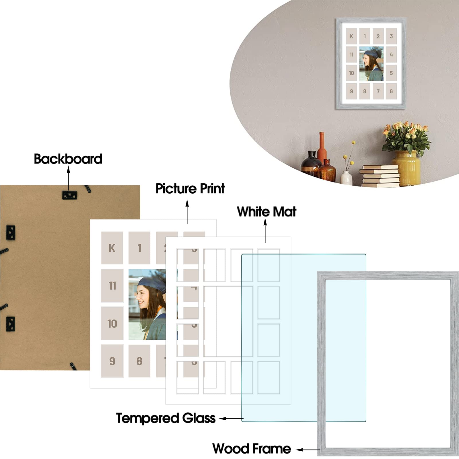 Golden State Art 12x16 Grey Wood Collage Frame with 13 Openings & White Mat – Display 1 (5x7) + 12 (2.5x3.5) Photos – Real Glass Picture Frame for Collectible Cards, Sports Memorabilia & Family Photos – Perfect for Living Room, Bedroom or Office Decor – 2 Pack