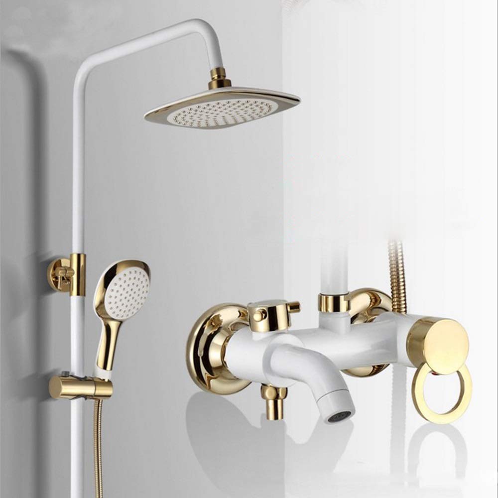 White Gold Double Lift Brass Shower Faucet Set - Hot & Cold Water Mixer with 3 Spray Modes (Rain/Massage/Jet) - High Pressure Booster Showerhead for Bathroom & Spa Relaxation