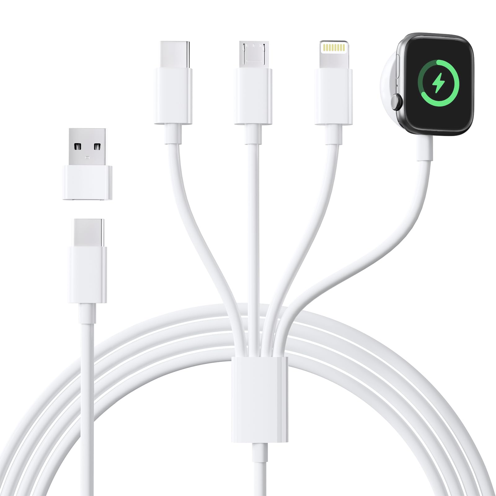 Apple Watch Charger 4-in-2 Fast Charging Cable - USB C & Lightning Compatible with Apple Watch Series 9/8/7/6/5/4/3/Ultra & iPhone 15/14 - Perfect for Travel, Office and Home Charging