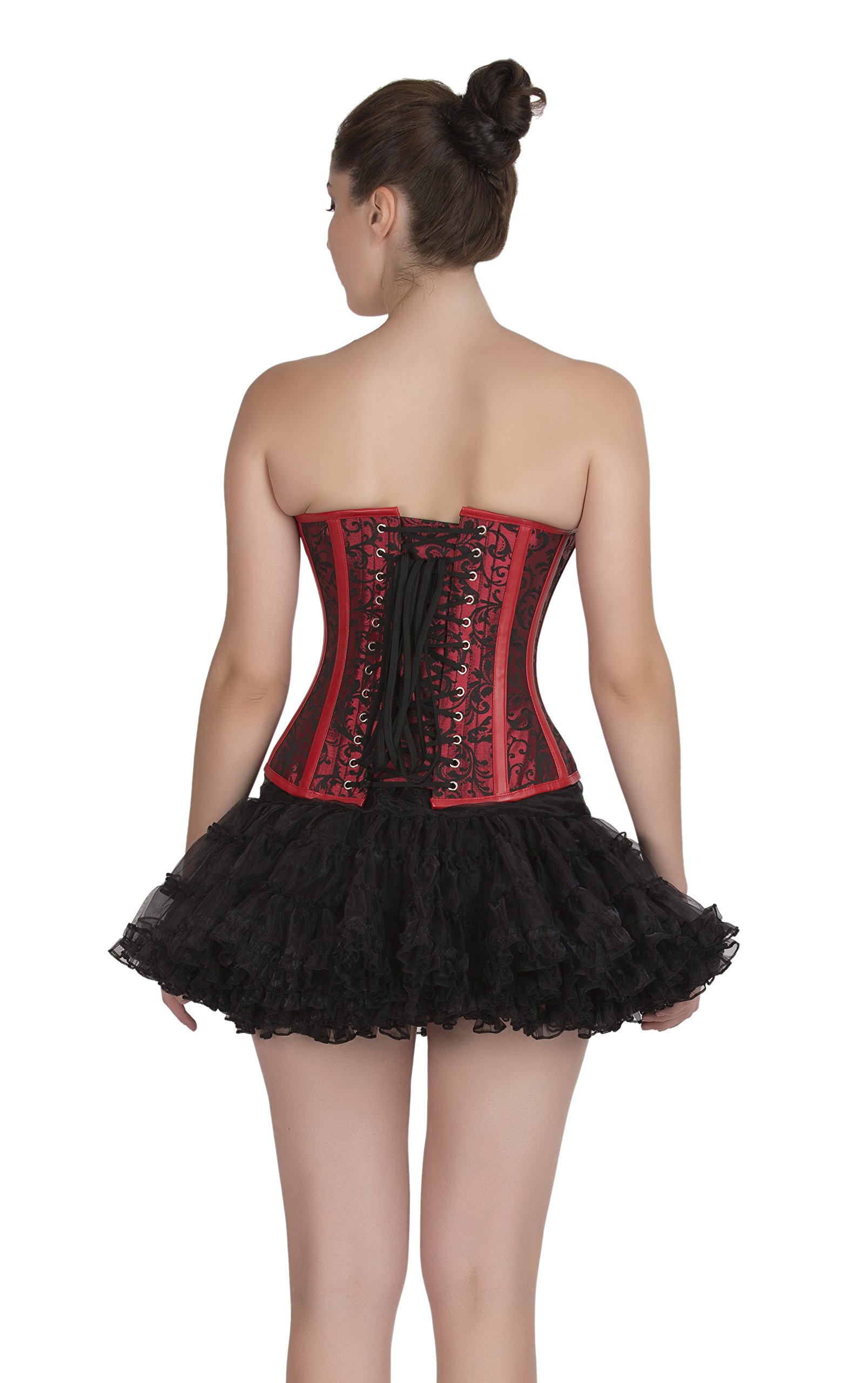 Elegant Red & Black Brocade Overbust Corset Dress with Leather Stripes & Tulle Skirt - Gothic Victorian Steampunk Costume for Cosplay, Burlesque, Halloween & Special Occasions