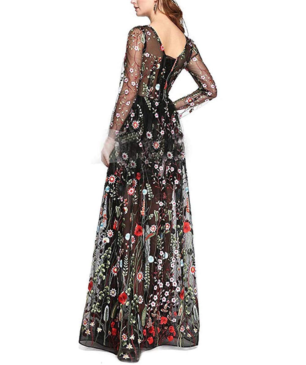 Honeydress Women's Embroidered Floral Long Sleeve Maxi Dress - Elegant Boho Style for Parties, Weddings & Special Occasions