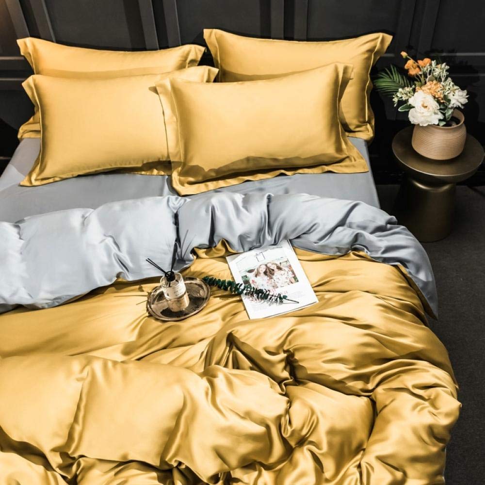 4-Piece Silk Bedding Set - 60+ Colors, King Size, Solid Yellow & Tin Gray - Luxury Soft & Breathable for Summer - Perfect for Master Bedroom, Guest Room, or Dorm