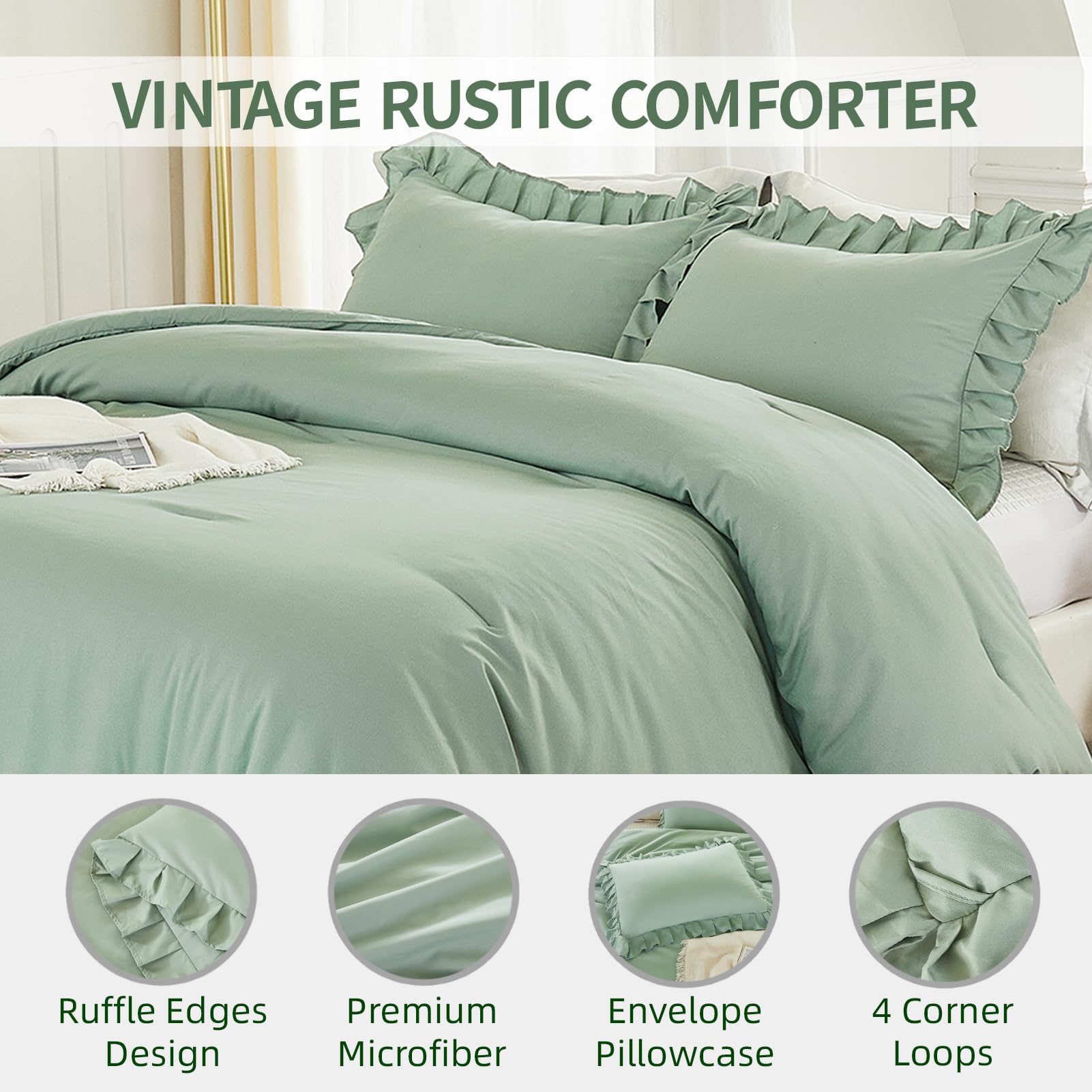 Andency Sage Green Comforter Set Full 3-Piece - Lightweight Soft Ruffle Bedding, Farmhouse Rustic Fluffy Microfiber Down Alternative Comforter (79x90 Inches) - Perfect for Guest Rooms, Master Bedrooms & Cozy Farmhouse Decor