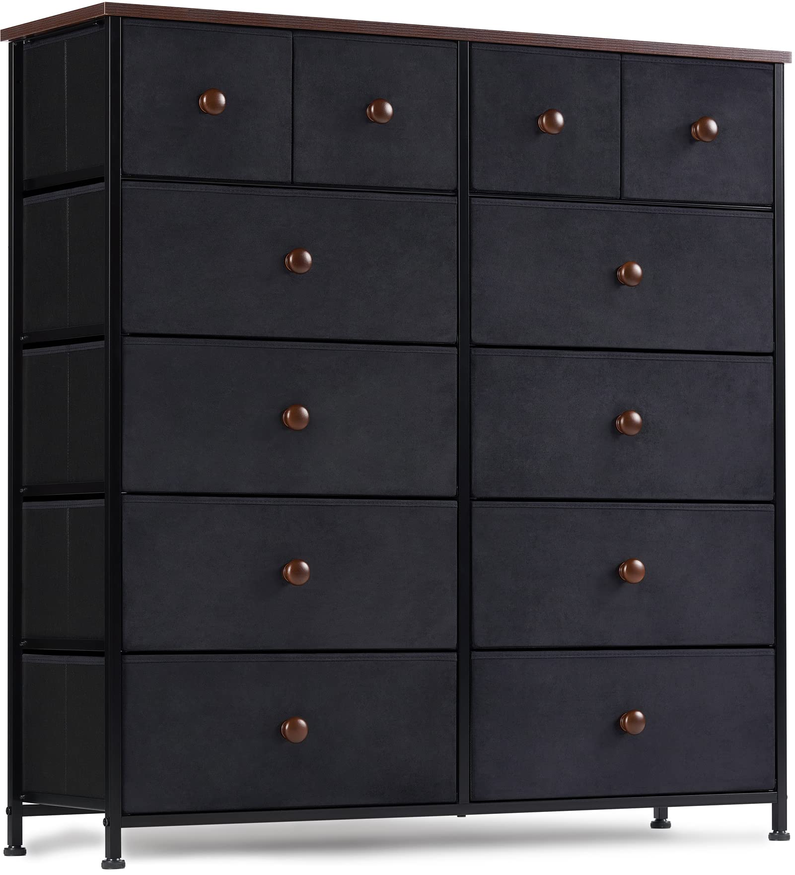 AOPSEN 12-Drawer Tall Dresser with Wooden Top & Metal Frame - Black Fabric Storage Chest for Bedroom, Closet, Nursery & Living Room - Rustic Brown Organizer for Clothes, Toys & Home Essentials