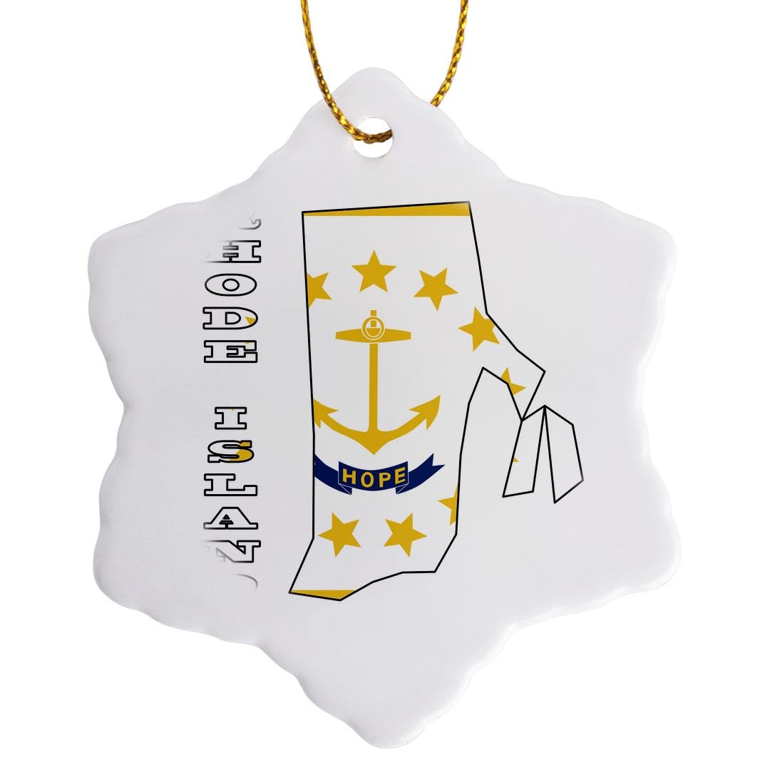 3D Rose Rhode Island State Flag Outline Map & Letters Porcelain Ornament - 3-Inch Snowflake Holiday Decoration for Christmas Tree, Gift & Home Décor
