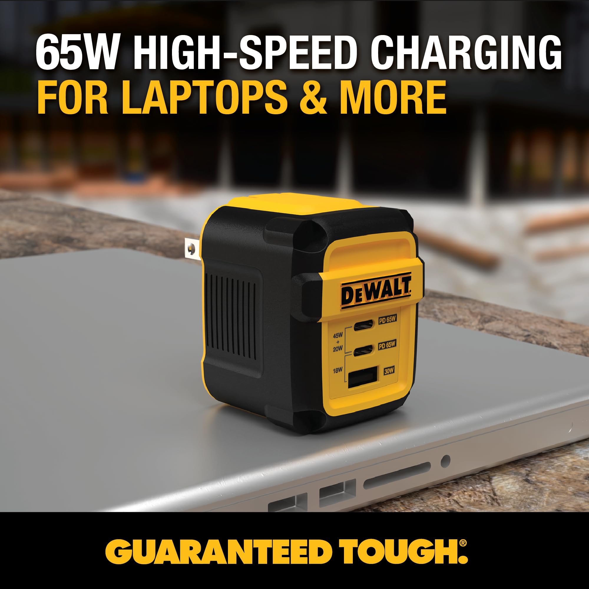 DEWALT 65W GaN USB C Fast Charger with PPS - 3-Port Compact Foldable Wall Charger for MacBook Pro/Air, iPad Pro, Galaxy S23, Dell XPS 13, iPhone 15/Pro, Steam Deck - Perfect for Travel, Office & Home Charging