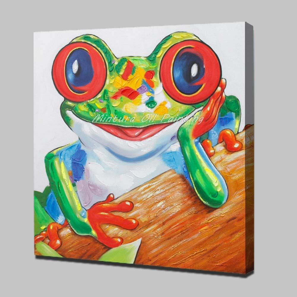 Hand Painted Oil Painting on Canvas - Cartoon Style Big Eyed Frog Animal Artwork, Modern Wall Decor for Living Room, Bedroom, Corridor (40x40 Inch, Frameless) - Perfect for Home Decor, Gift Giving & Nursery Room Accents