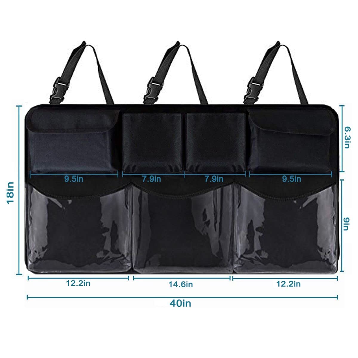 Car Trunk Organizer with 5 Large Storage Pockets - Backseat Hanging Organizer for SUV, Truck, Sedan - Space Saving Car Seat Organizer for Travel, Camping & Road Trips