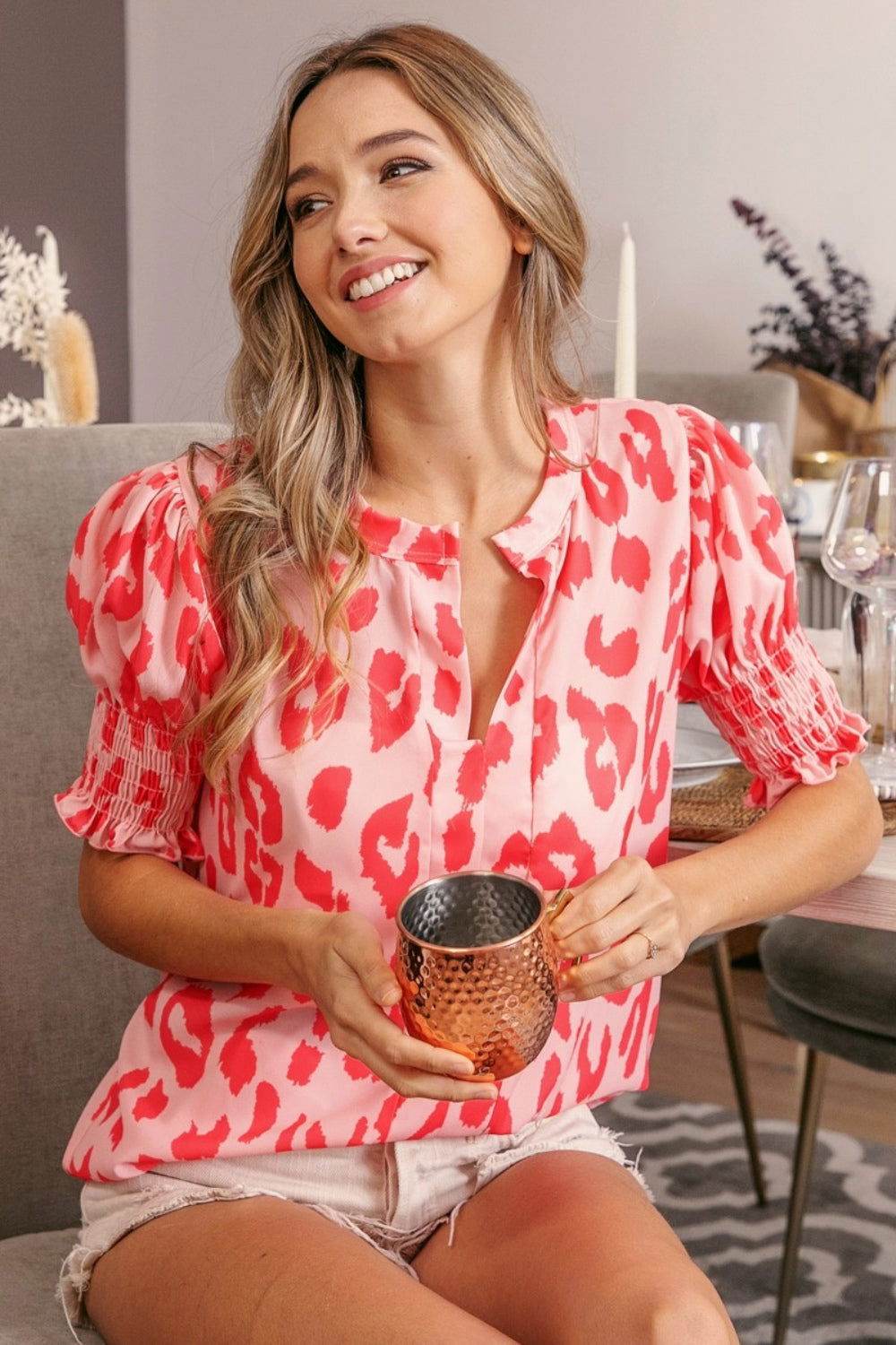 BiBi Leopard Print Smocked Short Sleeve Blouse for Women | Trendy Animal Print Top for Casual Wear, Date Night & Office Outfits