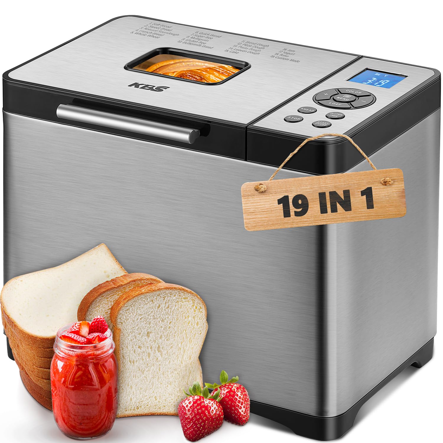 KBS 2LB Bread Maker Machine - 19-in-1 Automatic Stainless Steel Bread Maker with Ceramic Pan, 15H Timer & 1H Keep Warm, 650W for Sourdough & Gluten-Free Baking - 3 Loaf Sizes & 3 Crust Colors with Recipes - Perfect for Home Baking, Gifts, and Healthy Eating