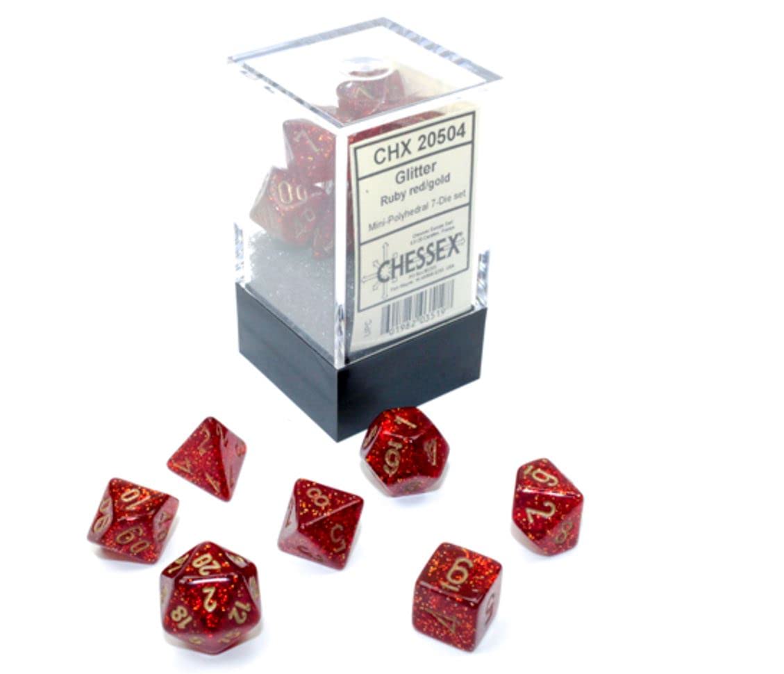 Chessex 10mm Glitter Red & Gold Polyhedral Dice Set for Dungeons & Dragons D&D DND TTRPG - Includes 7 Dice (D4, D6, D8, D10, D12, D20, D%) - Perfect for RPG Gaming, Tabletop Adventures & Collectors (CHX20504)