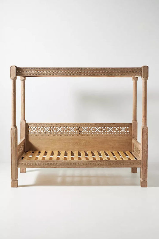 Hand Carved Solid Wooden Ezana Indian Canopy Daybed - Elegant Boho Style Outdoor/Indoor Lounger for Patio, Garden, or Bedroom Decor
