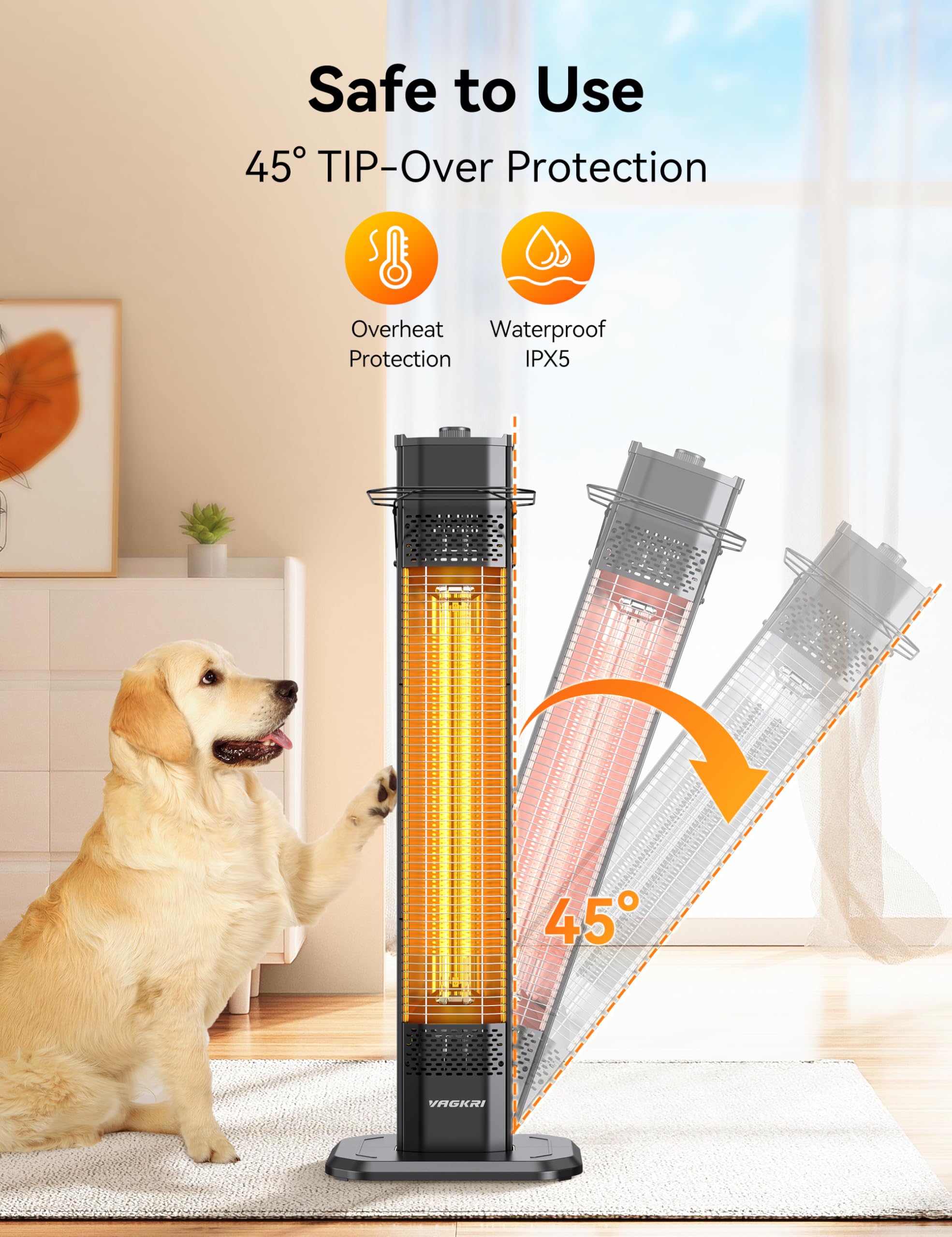 VAGKRI 1500W 36-inch Outdoor Infrared Electric Heater with 3 Heat Settings - Tip-Over & Overheat Protection, IPX5 Waterproof Tower Space Heater for Patio, Backyard, Garage, Restaurant & Home Use - Perfect for Winter Warmth and Outdoor Gatherings