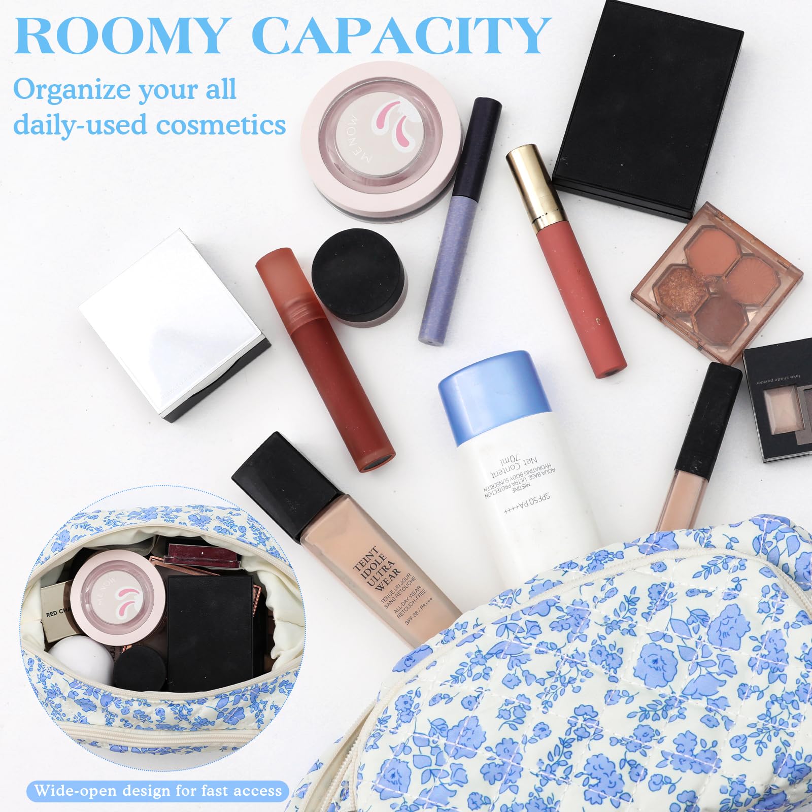 Quilted Floral Makeup Bag for Women & Teens - Travel Cosmetic Organizer, Wide-Open Toiletry Pouch - Perfect for Daily Use, Weekend Getaways & Gift Giving