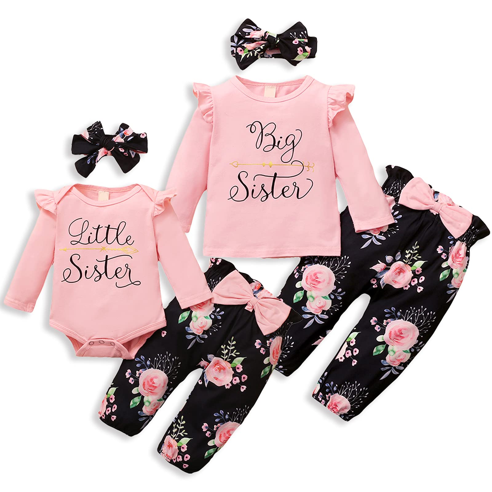 AMAWMW Big Sister Little Sister Matching Outfits - Toddler & Newborn Baby Girl Clothes Set with Ruffle Romper, Floral Pants & Headband (3Pcs) - Perfect for Family Photos, Sibling Bonding & Special Occasions
