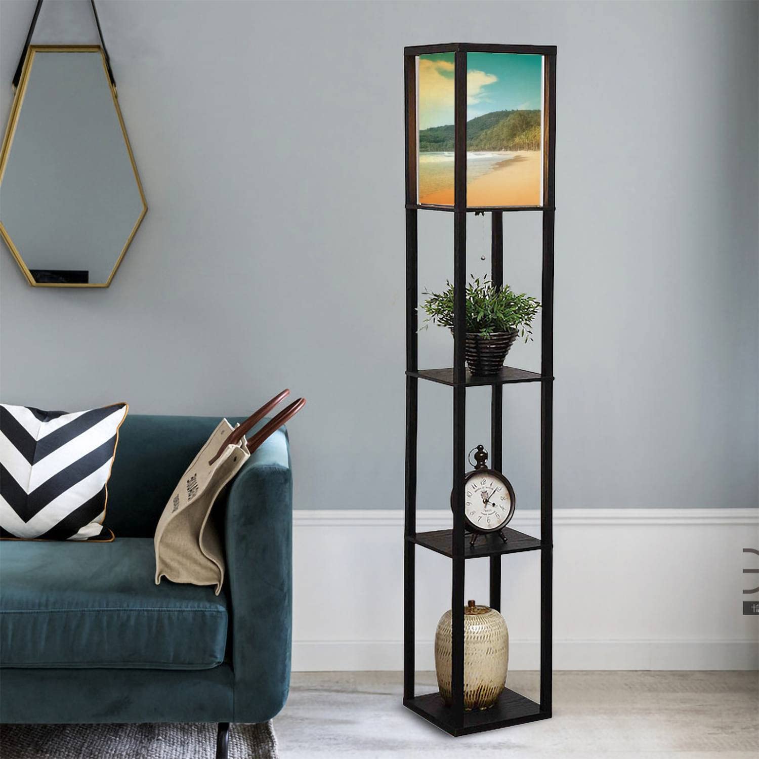 Flaxen Fabric Shade Floor Lamp with Shelves - Tall Standing Corner Lamp for Living Room & Bedroom | Aesthetic Home Decor | Perfect for Reading Nook, Bedside Lighting, and Cozy Ambience