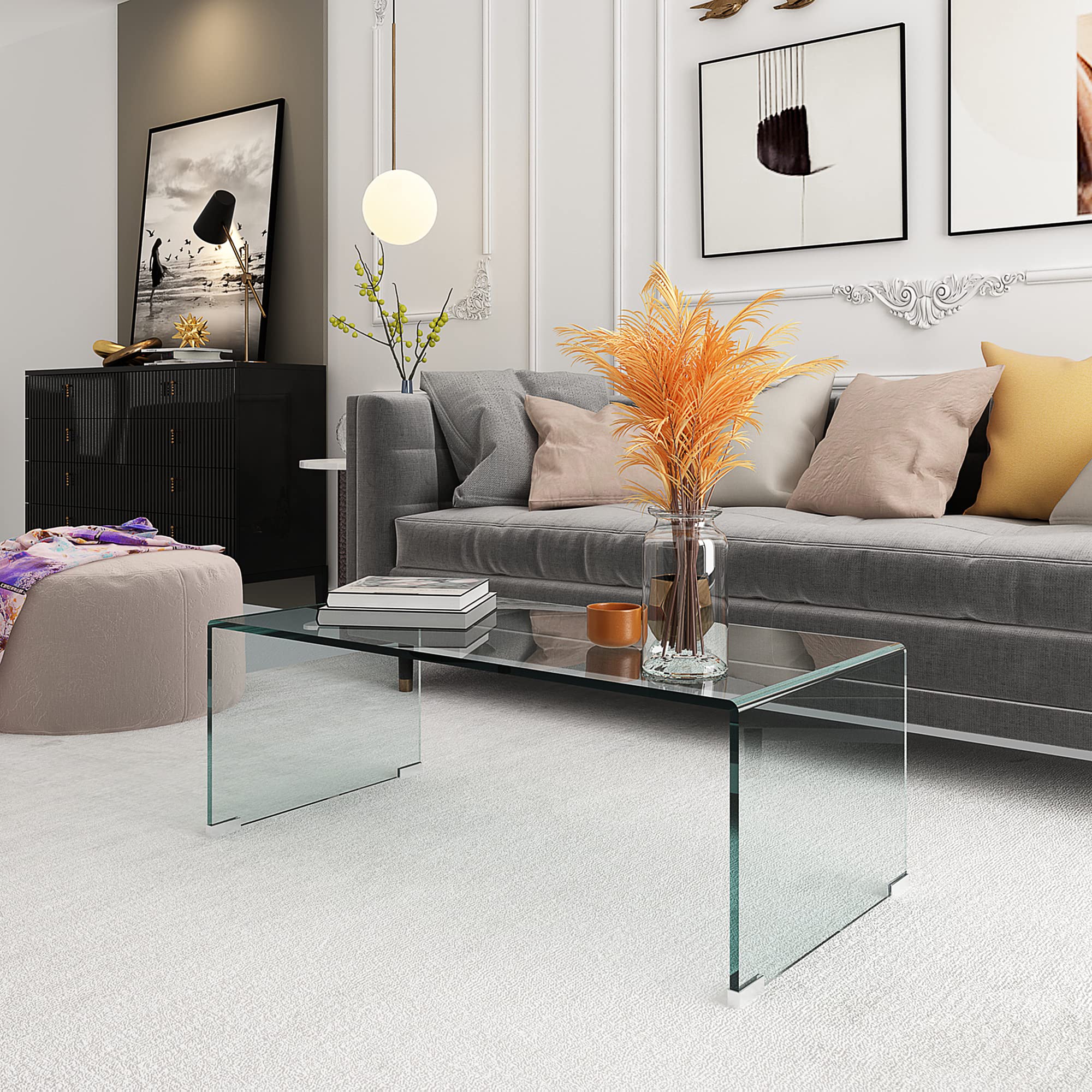 Modern Clear Glass Coffee Table - 12mm Thick Tempered Glass Center Table for Living Room | Stylish & Durable Home Furniture for Small Spaces, Apartments & Office Waiting Areas