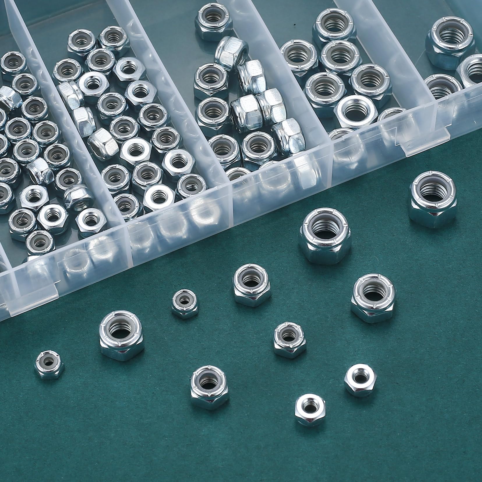 150-Piece Hex Nut Assortment Kit - Carbon Steel Locking Nuts (SAE #6 #8 #10 1/4