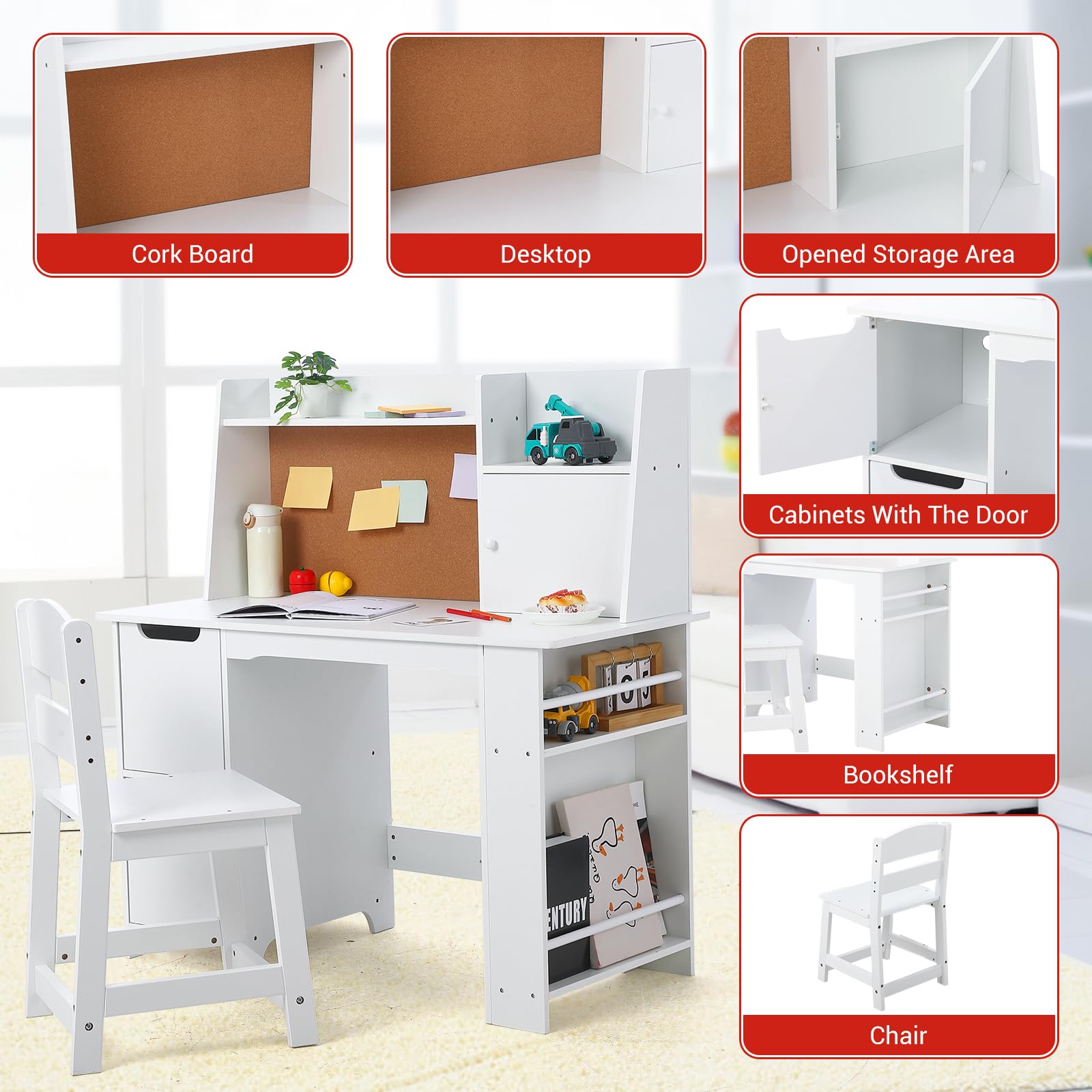 Kids Study Desk and Chair Set with Storage - White Learning Table with Bookshelf & Cabinets for Boys & Girls Ages 3-8 | Perfect for Homeschooling, Online Classes & Homework Organization in Bedroom or Playroom