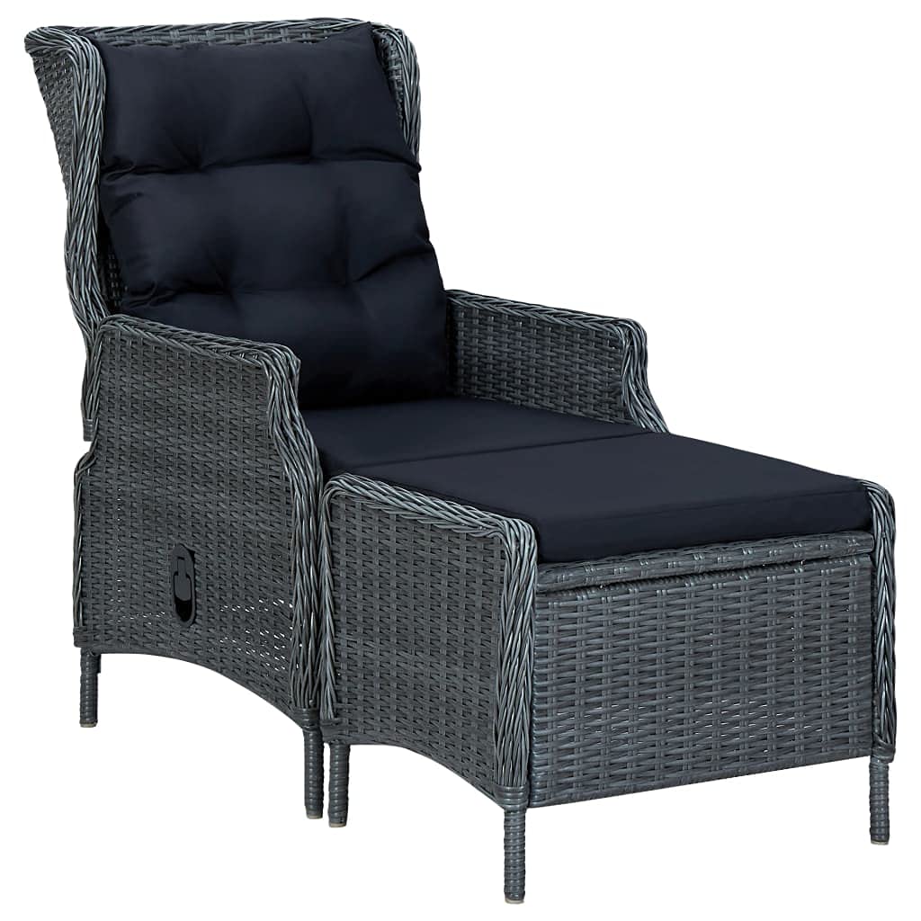 **Dark Gray Reclining Garden Chair with Cushions & Footstool – Outdoor Patio, Balcony, Terrace Lounge Seating – Durable Poly Rattan Furniture for Relaxing & Sunbathing**