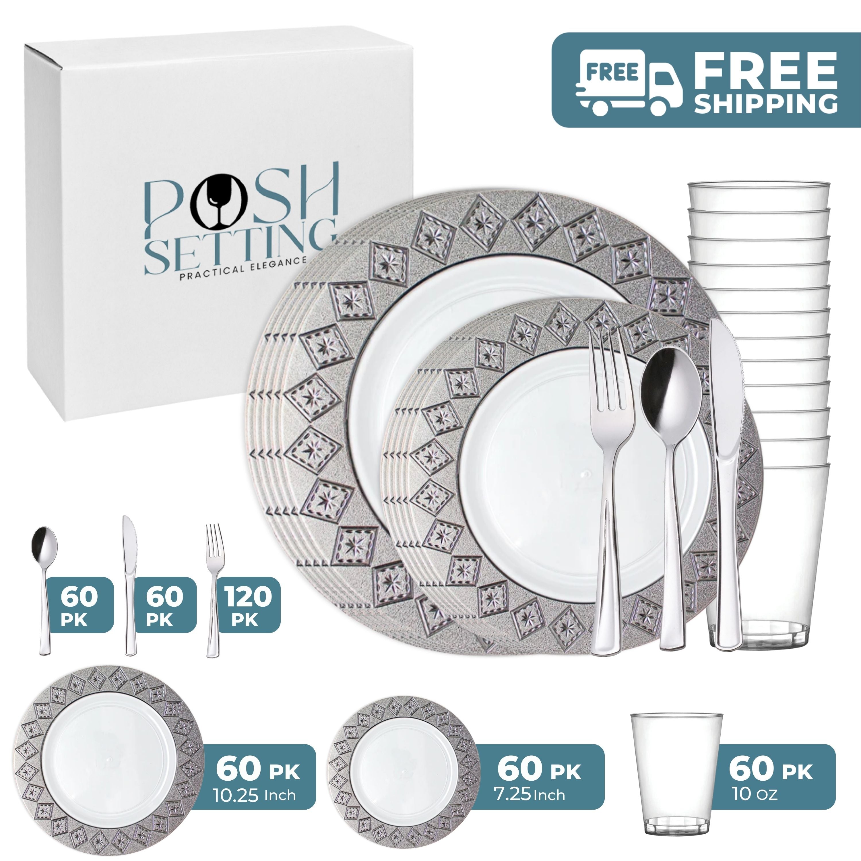 White and Silver Plastic Party Bundle - Imperial Theme - Perfect for Birthday, Wedding & Holiday Celebrations