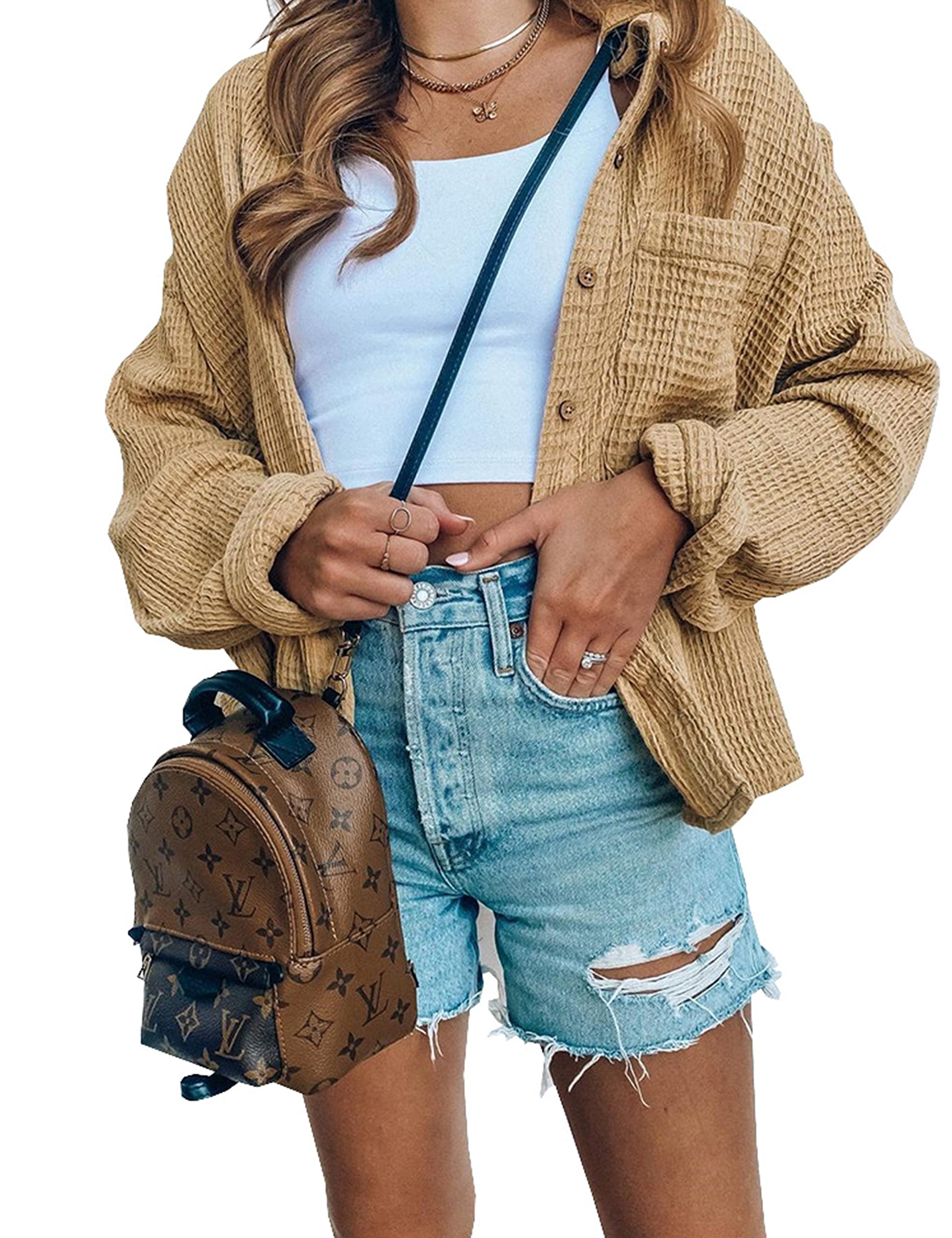 UANEO Women's Fall Knitted Waffle Jacket - Casual Button Down Long Sleeve Shacket Cardigan | Cozy Autumn Outerwear for Work, Travel & Weekend Outfits