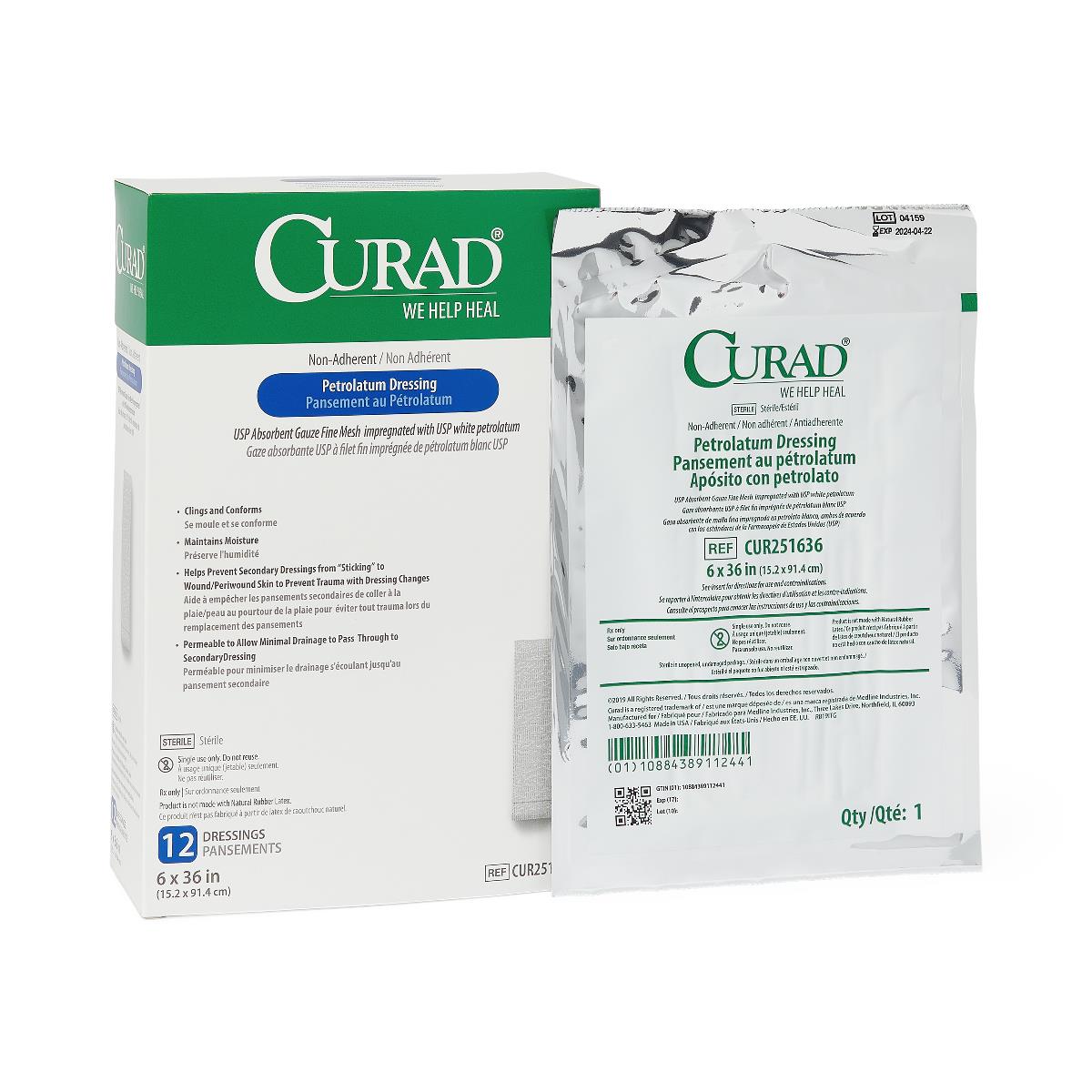 CURAD Sterile Non-Adherent Petrolatum Gauze Dressing for Wounds - First Aid Bandage for Burns, Cuts & Abrasions | Medical Grade Wound Care for Home & Emergency Kits