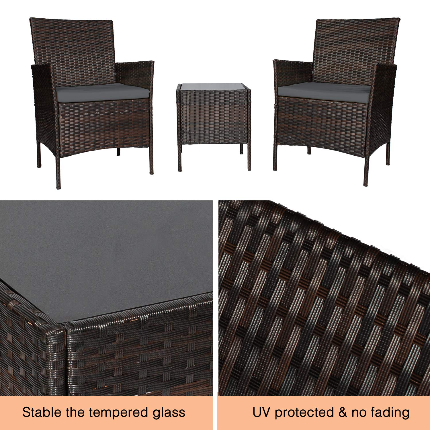 3-Piece Modern Outdoor Patio Furniture Set - Wicker Bistro Table & Chairs for Garden, Porch, Backyard (Brown/Grey) - Perfect for Relaxing, Dining & Entertaining Guests
