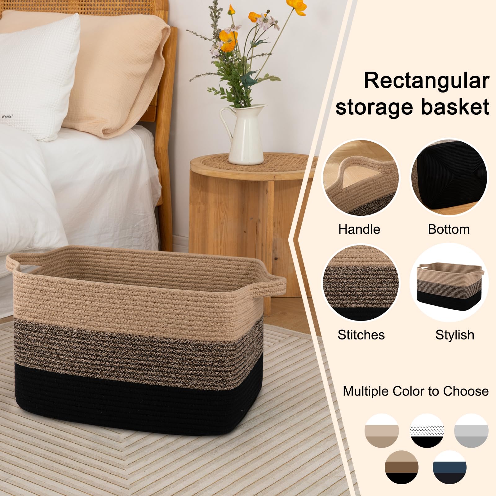 OIAHOMY Cotton Rope Storage Basket - 17.7”x13.8”x11” Rectangle Woven Organizer with Handle for Nursery Blankets, Living Room Toys & Home Organization (Yellow & Black) | Perfect for Baby Rooms, Closet Storage & Decorative Home Décor