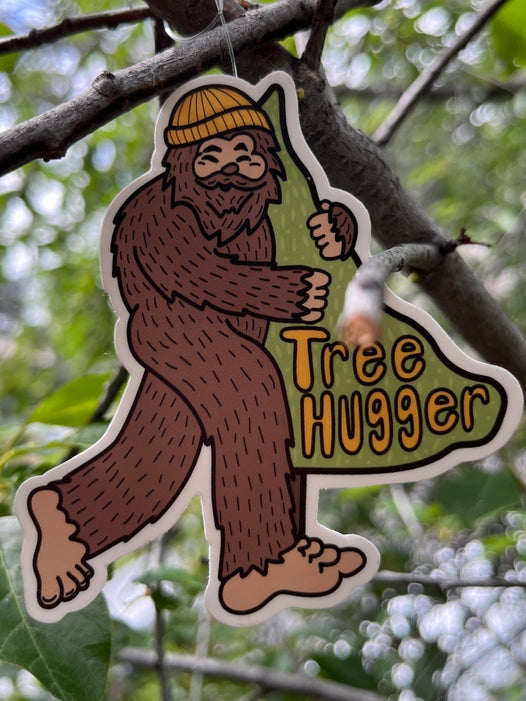 Bigfoot Tree Hugger Vinyl Sticker - Waterproof Decal for Laptop, Car, Water Bottle - Funny Sasquatch Outdoor Adventure Decoration