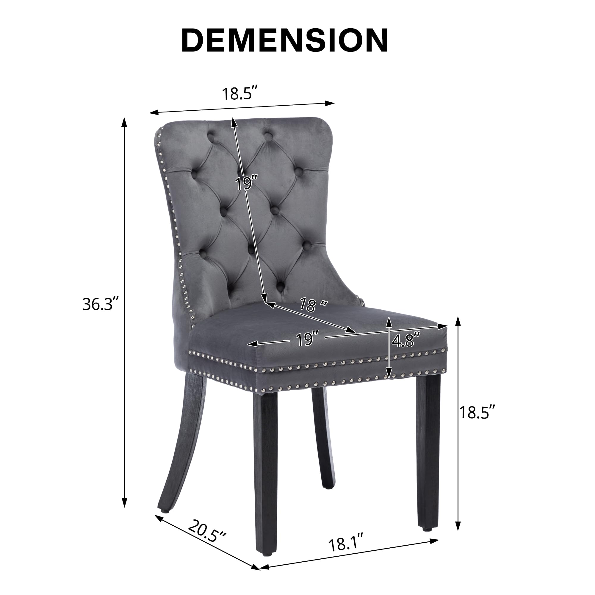 Luxury Velvet Dining Chairs Set of 2 - Modern Upholstered Tufted Kitchen Chairs with Nailhead Trim & Solid Wood Legs, Grey Nikki Collection for Dining Room, Restaurant or Home Decor