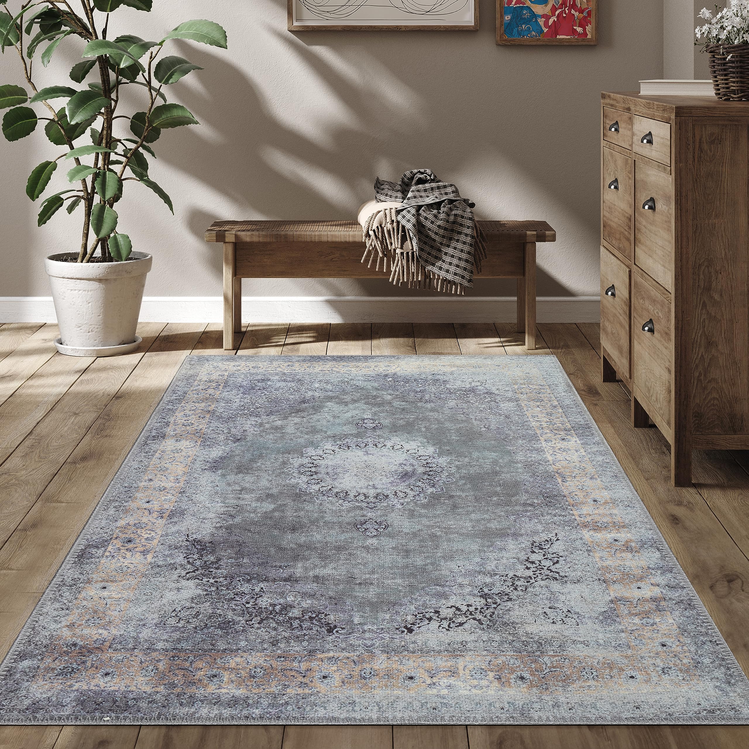 Machine Washable Area Rug - Pet-Friendly, Non-Slip Indoor Carpet for Kitchen, Bathroom & Living Room - Home Floor Decor (Ash/Champagne, 6'3
