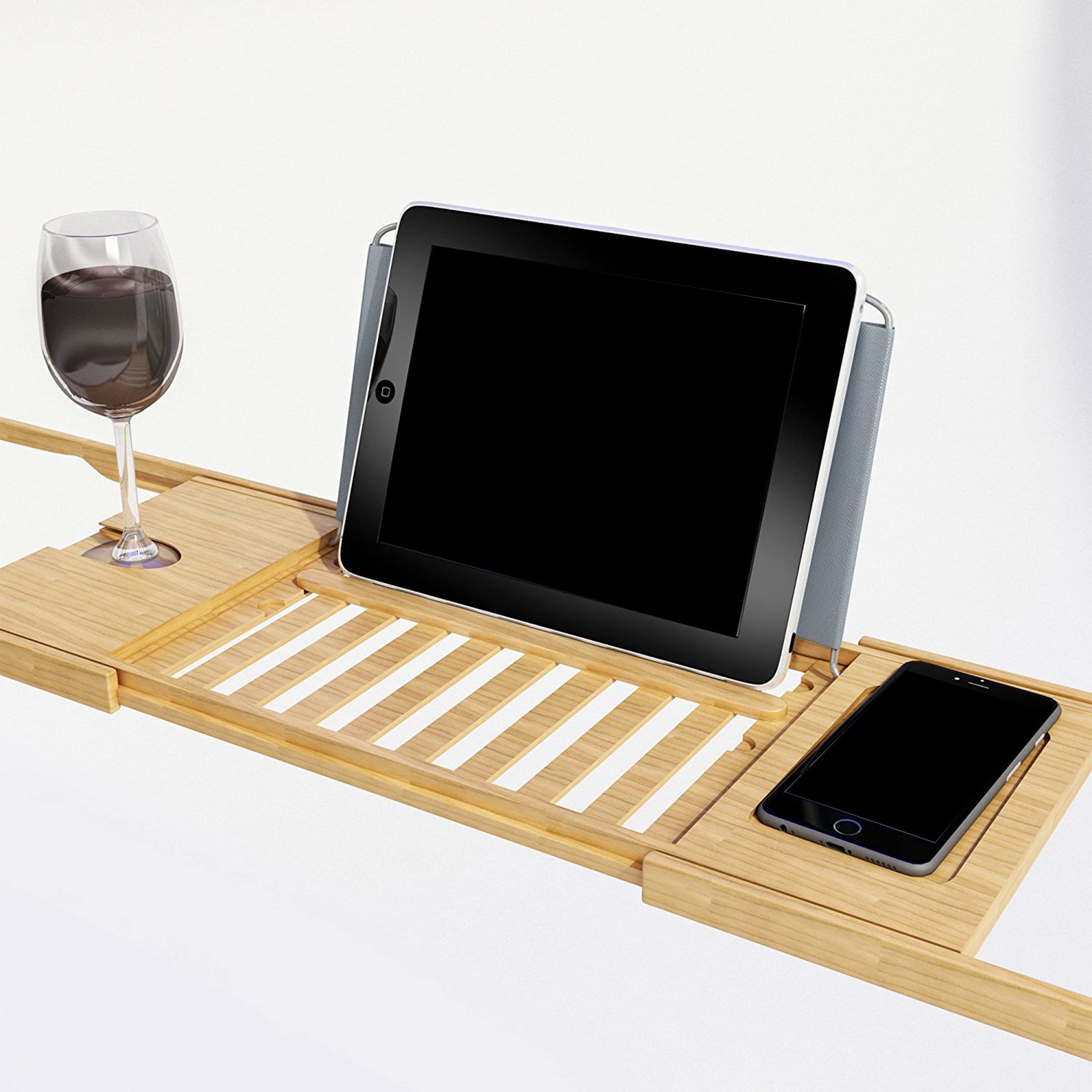 Expandable Bamboo Bathtub Tray Set of 2 - Natural Wood Bath Caddy with Cup Holder & Book/Phone/Tablet Stand | Perfect for Relaxing Baths, Spa Days & Reading in the Tub