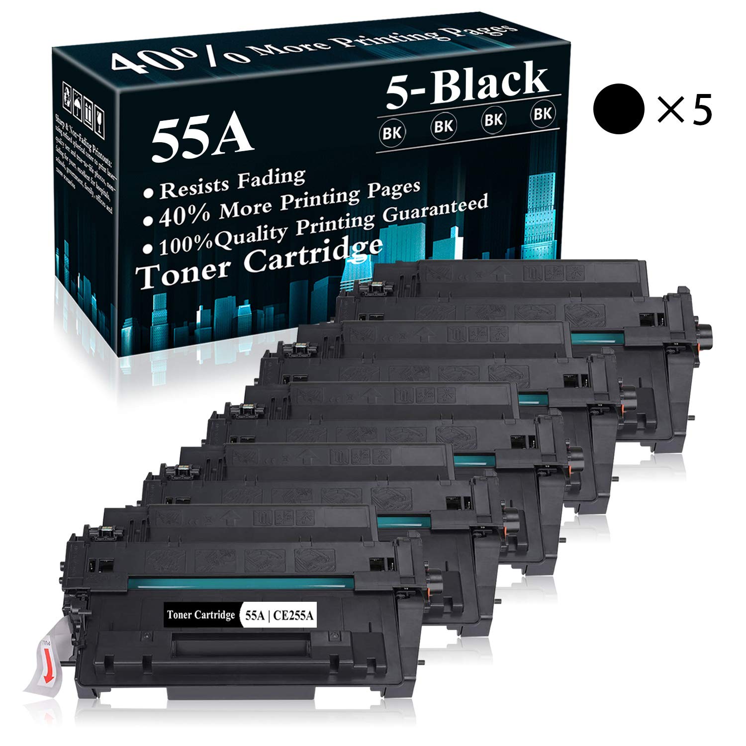 5-Pack Black 55A/CE255A Compatible Toner Cartridge Replacement for HP LaserJet Pro P3015 Series (P3015d/P3015dn/P3015n/P3015x) & MFP M521/M525 Series (M521dn/M521dw/M525dn/M525f/M525c) - High Yield Printing for Office & Home Use