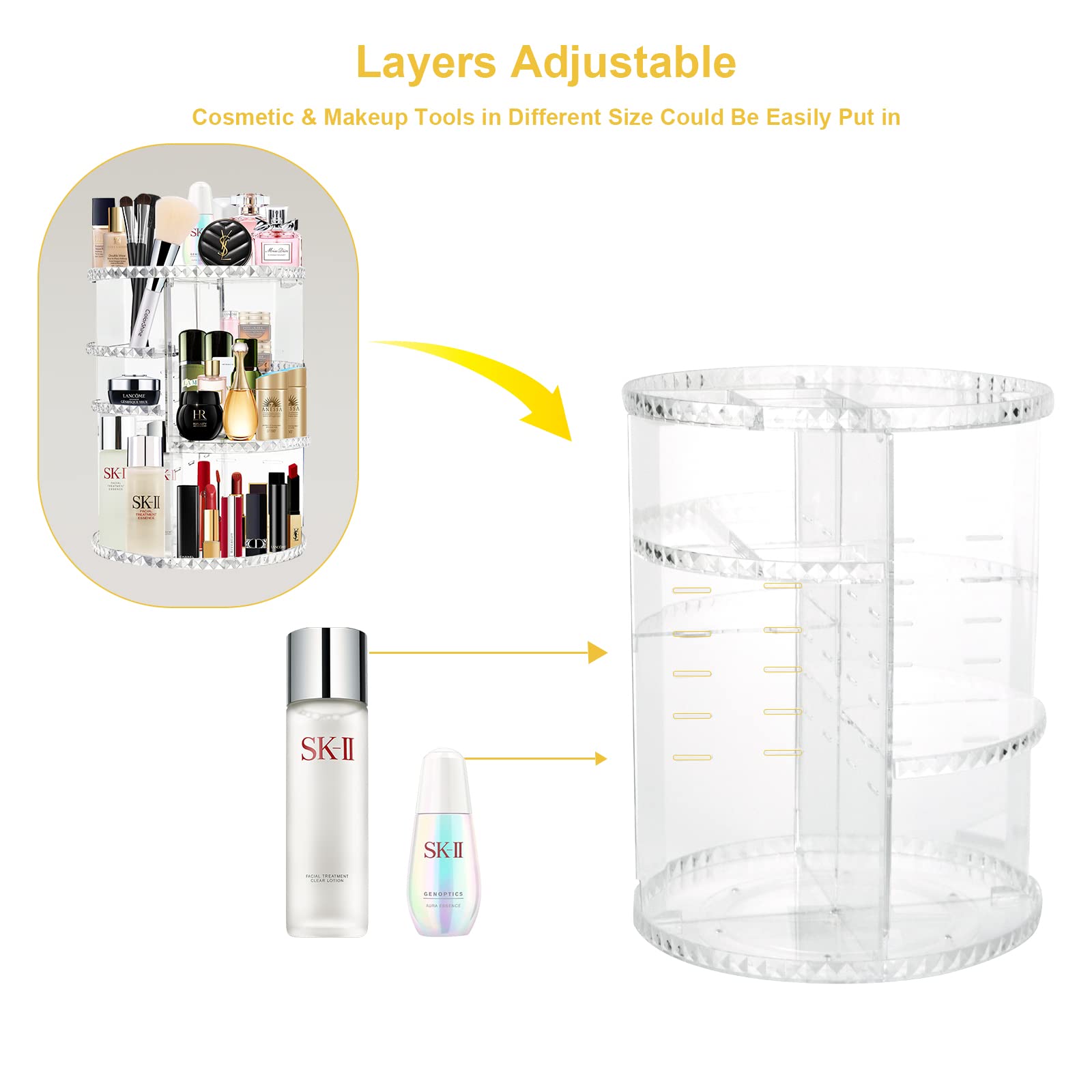 360° Rotating Makeup Organizer - Adjustable Perfume & Cream Storage for Vanity