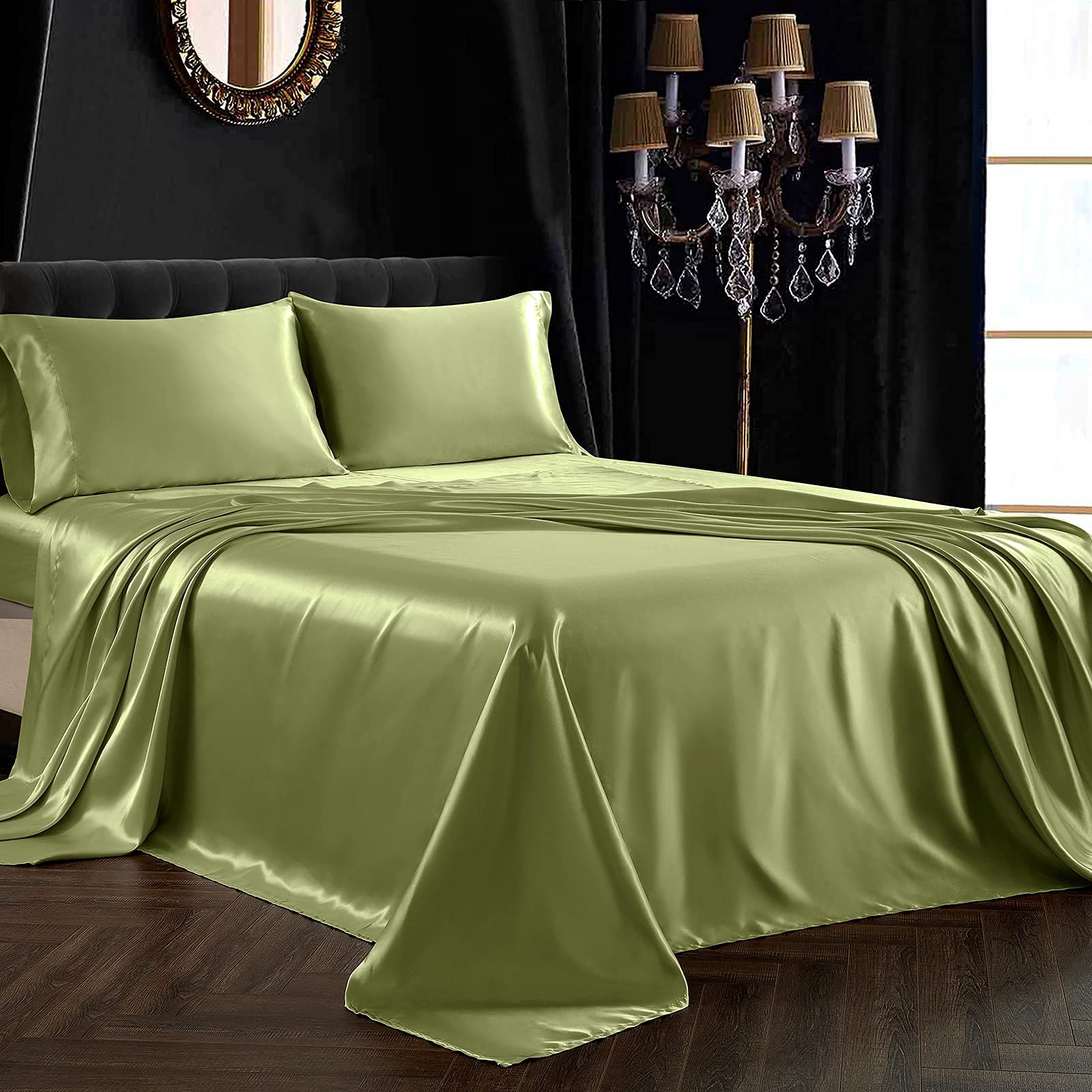 SiinvdaBZX 4-Piece Queen Size Satin Sheet Set - Ultra Silky Soft Sage Green Bed Sheets with Deep Pockets (1 Fitted Sheet, 1 Flat Sheet, 2 Pillowcases with Envelope Closure) | Luxury Bedding for Master Bedroom, Guest Room & Hotel Use