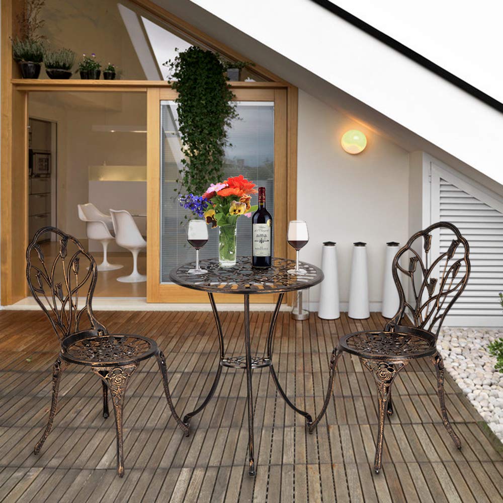3-Piece Patio Bistro Dining Set - Antique Bronze Outdoor Table & Chairs - Rust-Resistant Tulip Design Garden Furniture for Porch, Backyard, Balcony - Perfect for Morning Coffee & Outdoor Dining (Made in USA)