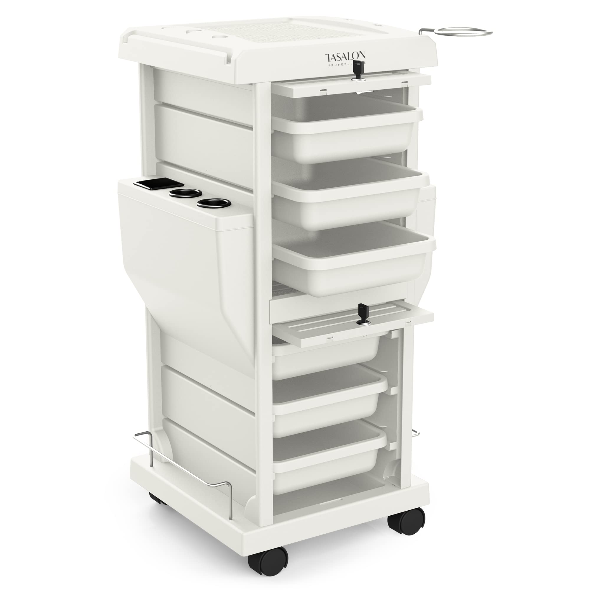 TASALON Ultimate Salon Trolley Cart - Lockable 6-Tray Rolling Beauty Cart with 2 Tray Holders for Hair & Nail Salon | Space-Saving Storage Solution for Salon Tools, Makeup & Supplies | Perfect for Professional Stylists & Home Beauty Stations (White)