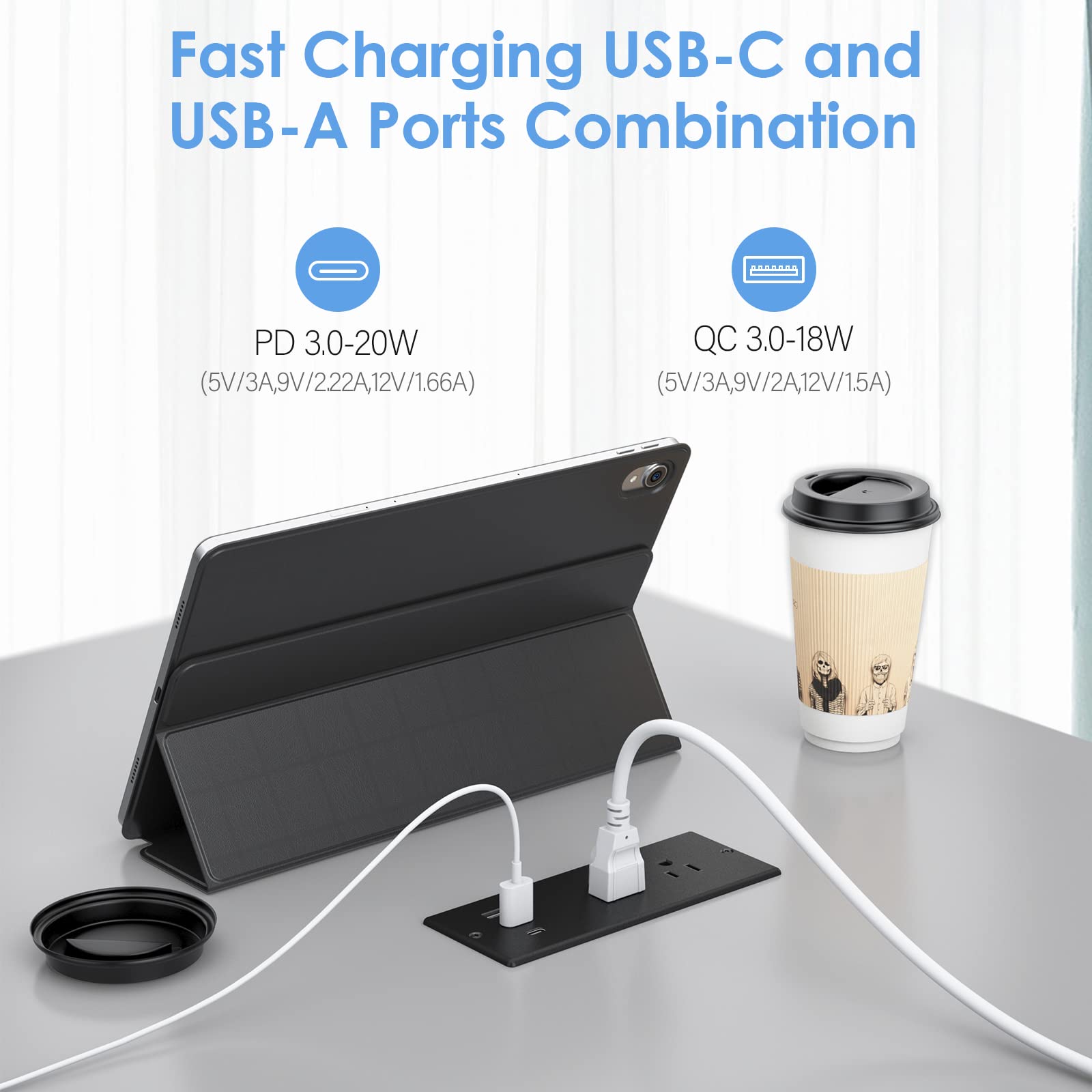 Recessed Power Strip with 20W USB-C Fast Charging & 2 Outlets - Waterproof Desk & Furniture Power Outlet, Surge Protector for Conference Rooms, Drawers, Flat Plug & 6ft Cable (Black) - Ideal for Office, Home & Workspace Charging Needs